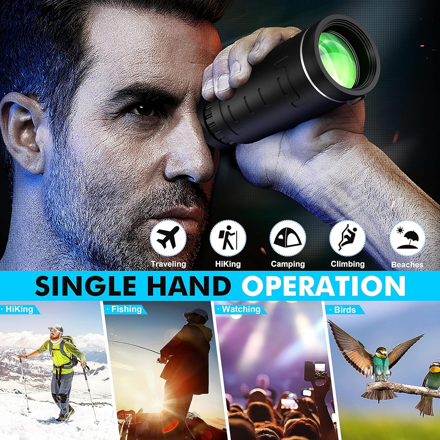 Yegass 40X60 Monocular Telescope With Smartphone Adapter, High Powered Bak4 Prism Fmc Monocular For Adults, Compact Low Light Vision Telescope For Wildlife, Hunting, Camping, Travel & Outdoor Adventures