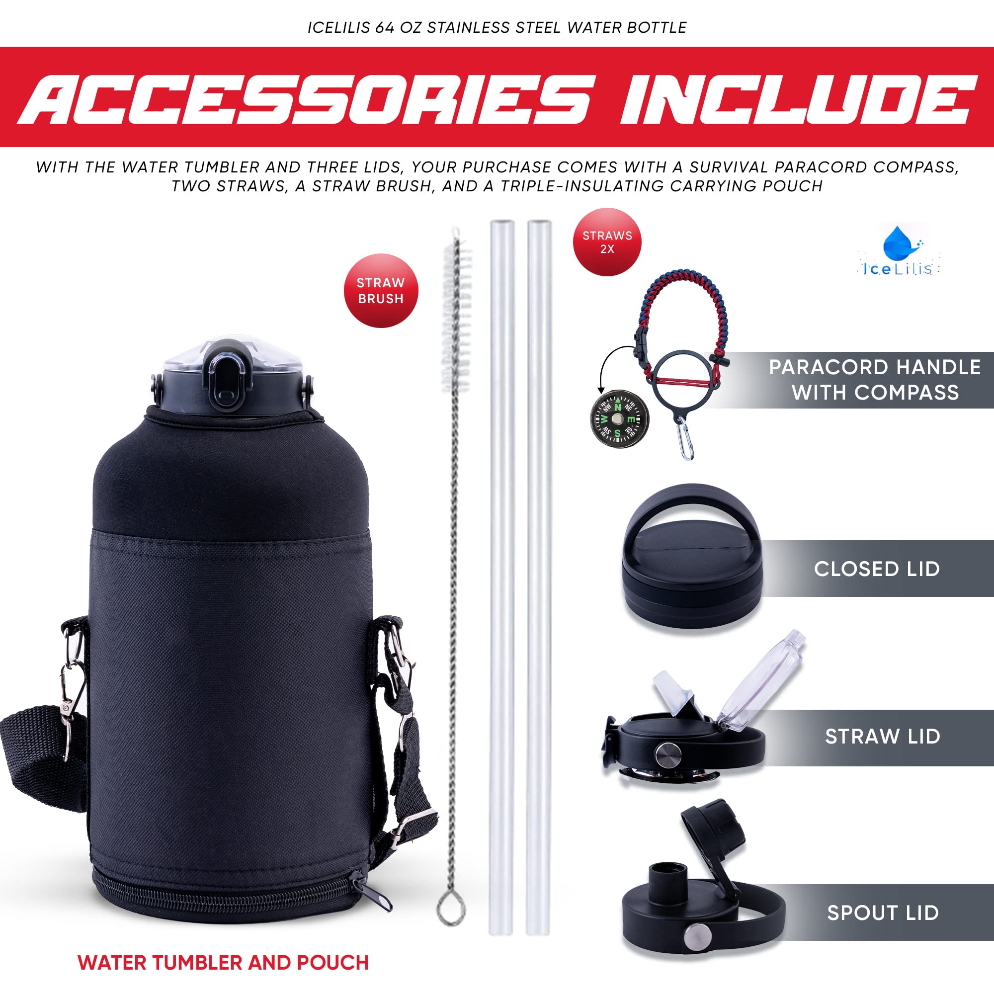 64 Oz Stainless Steel Water Bottle - Multi-Lid - Ideal For Sports, Travel, Workouts - Double