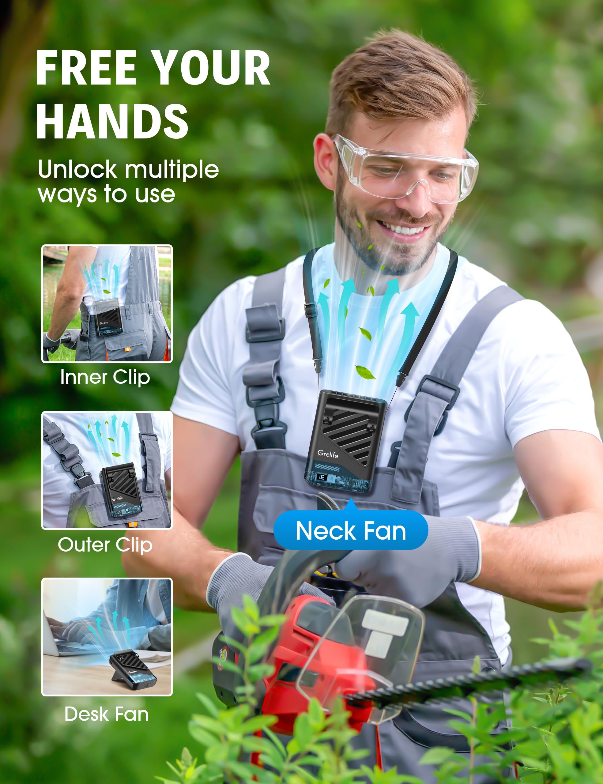 Grelife Ai Portable Waist Fan Rechargeable With Led Display & 40H Runtime,5 Speed 10000Rpm Cooling
