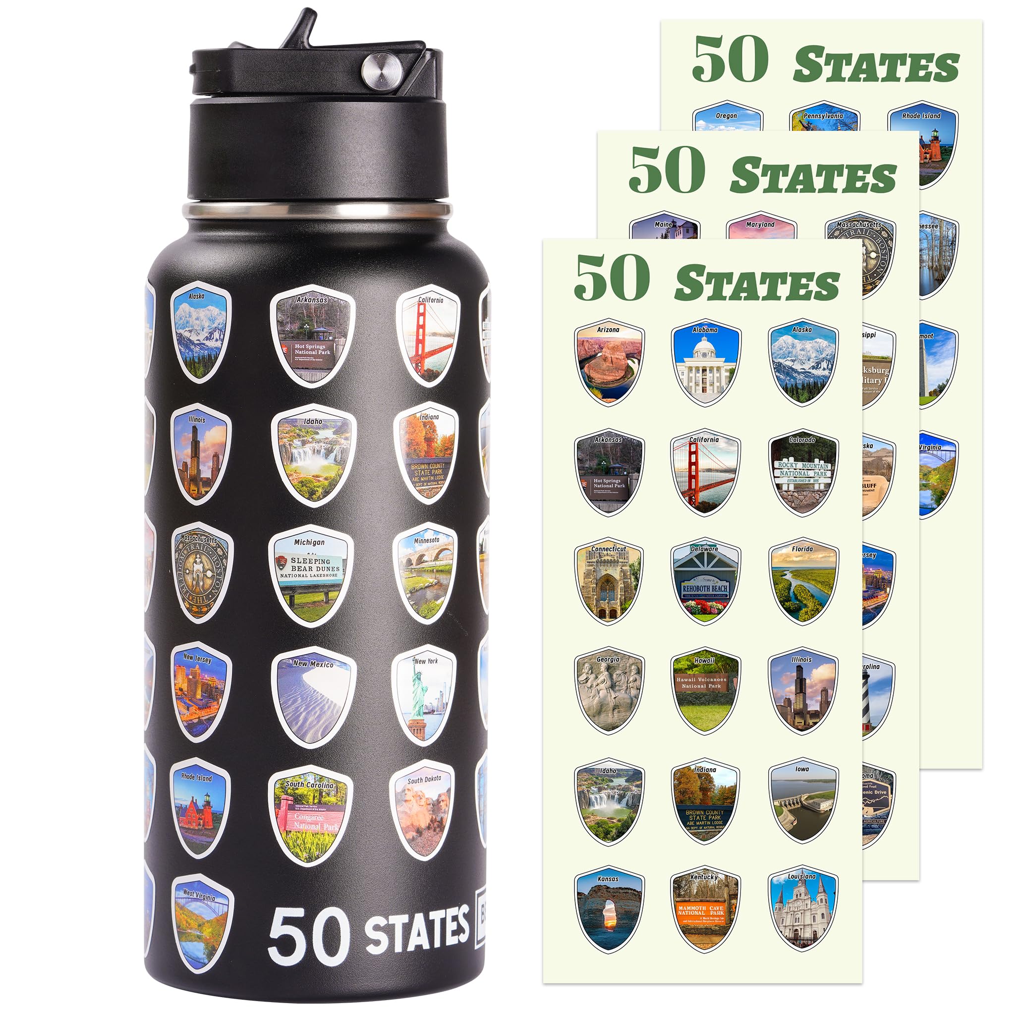 50 States Water Bottle With Stickers, National Parks Water Bottle, Stainless Steel Insulated Bottle