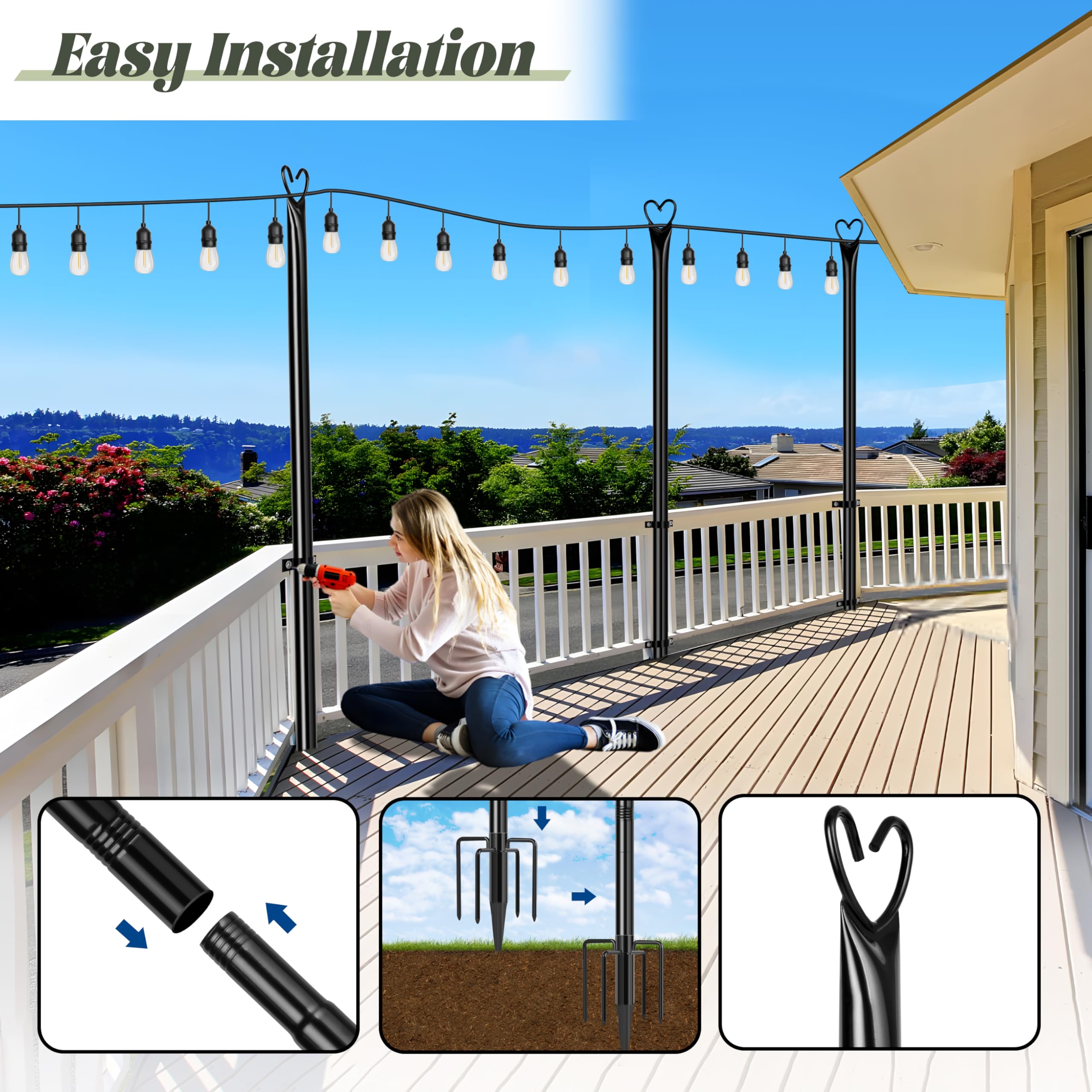 Xdw- String Light Poles With Fork For Outdoor, 4 Pack 9.8 Ft Tall Metal Posts For Hanging String Lights Patio, Yard, Deck Light Holders Outside Lighting Poles For Backyard