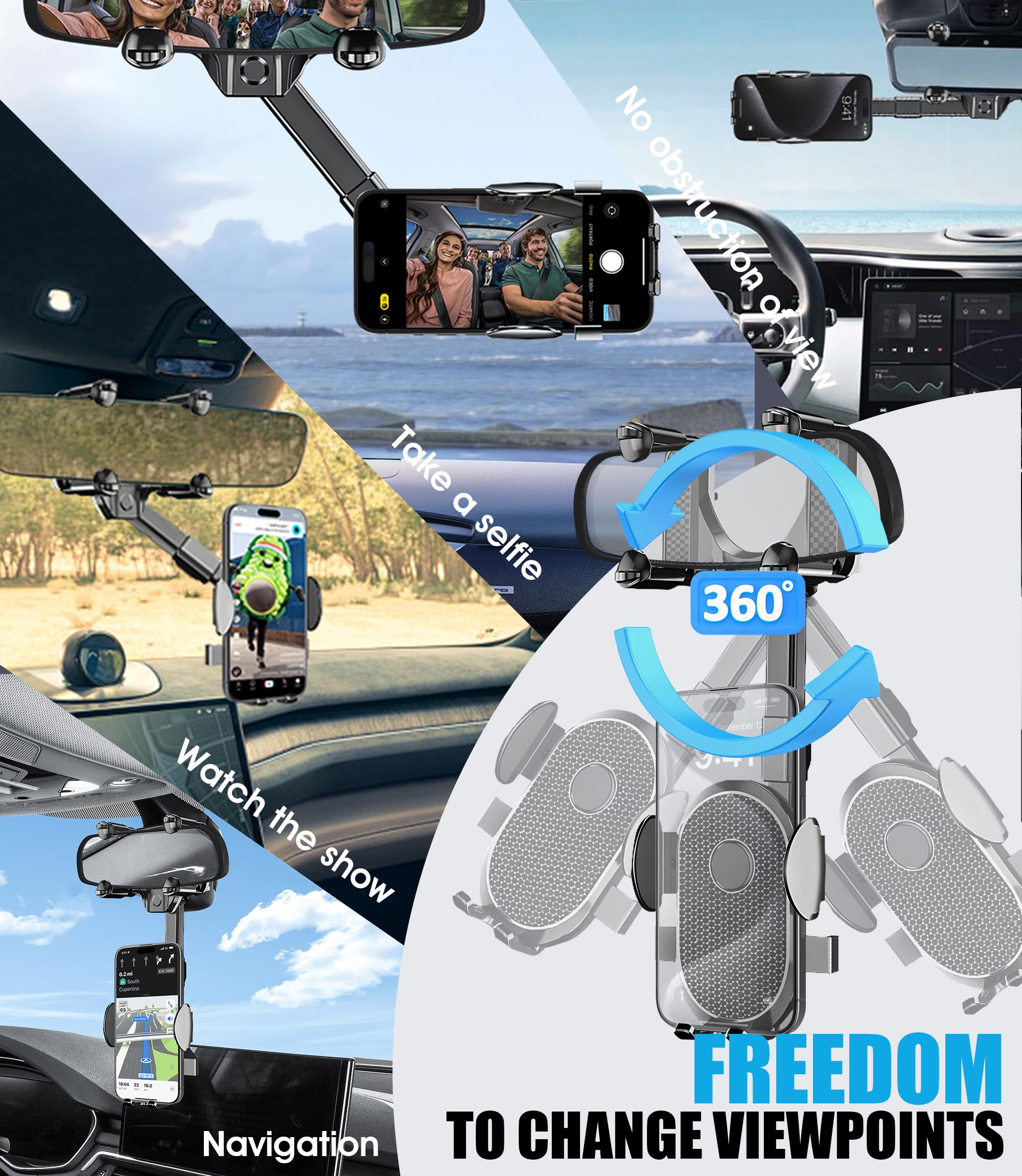 Seltureone Rear View Mirror Phone Holder, 360° Rotatable And Retractable Car Phone Holder Universal Rearview Car Phone Mount For All Mobile Phones