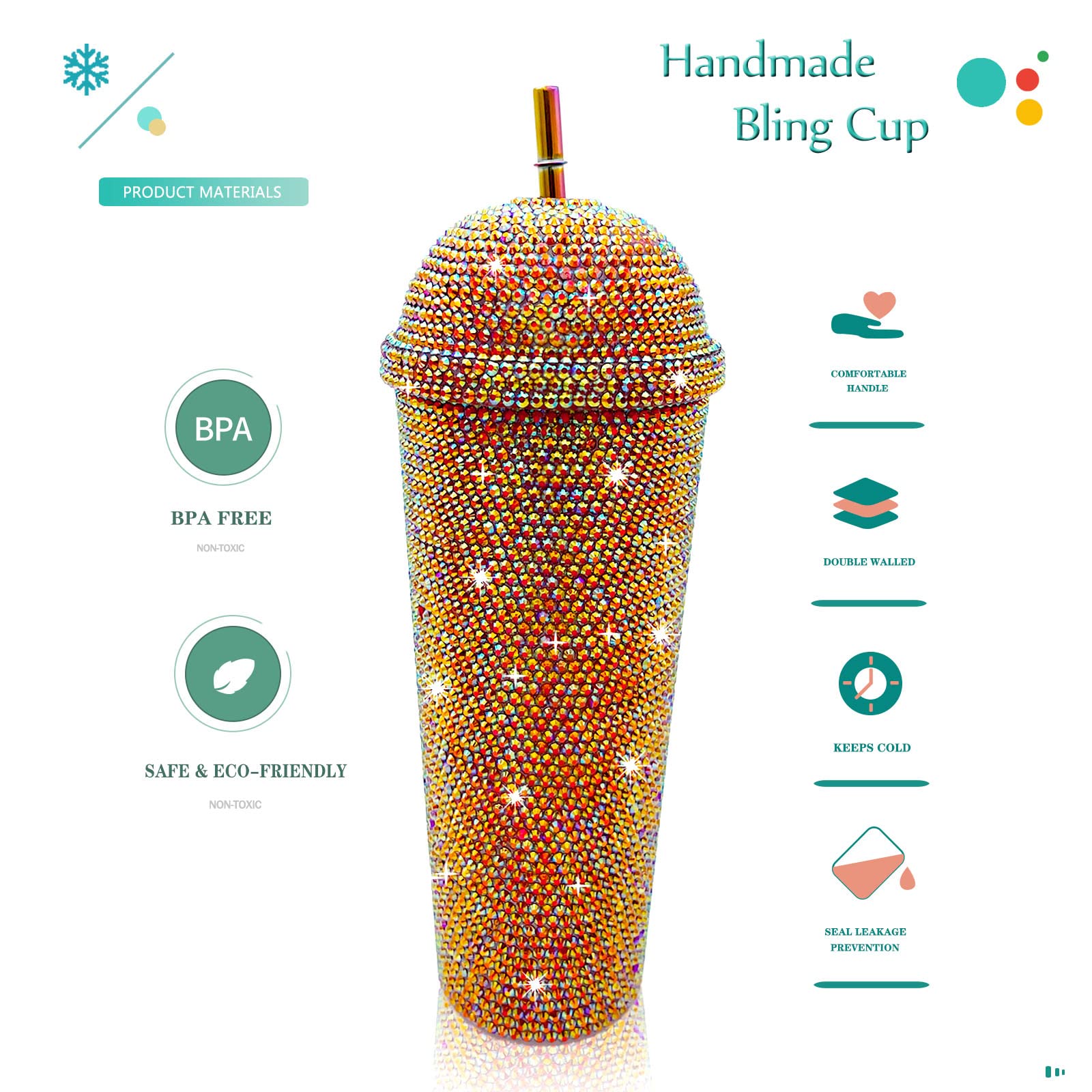 24Oz Bling Cup Handmade Rhinestones Studded Tumbler Double Wall Insulated Plastic Reusable
