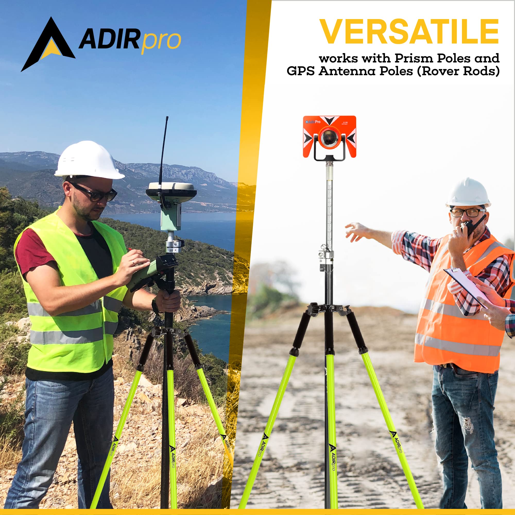 Adirpro Prism Pole Tripod – Aluminum Range Pole Tripod – Use For Survey Pole, Rover Rod, Gps Pole – Gnss Rtk Rod Stand - Survey Equipment For Total Station Surveying (Fluorescent Green)