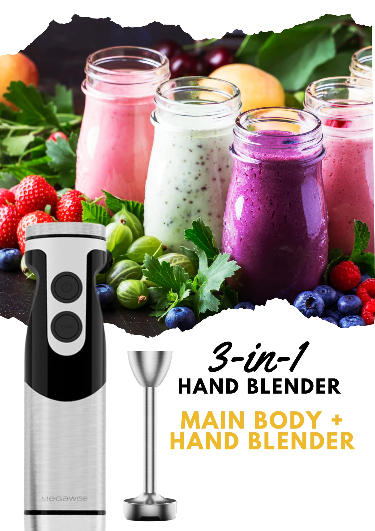 Megawise 3-In-1 Immersion Hand Blender, Powerful Motor 12-Speed Stick Blender With Sturdy Titanium Plated Stainless Steel Blades
