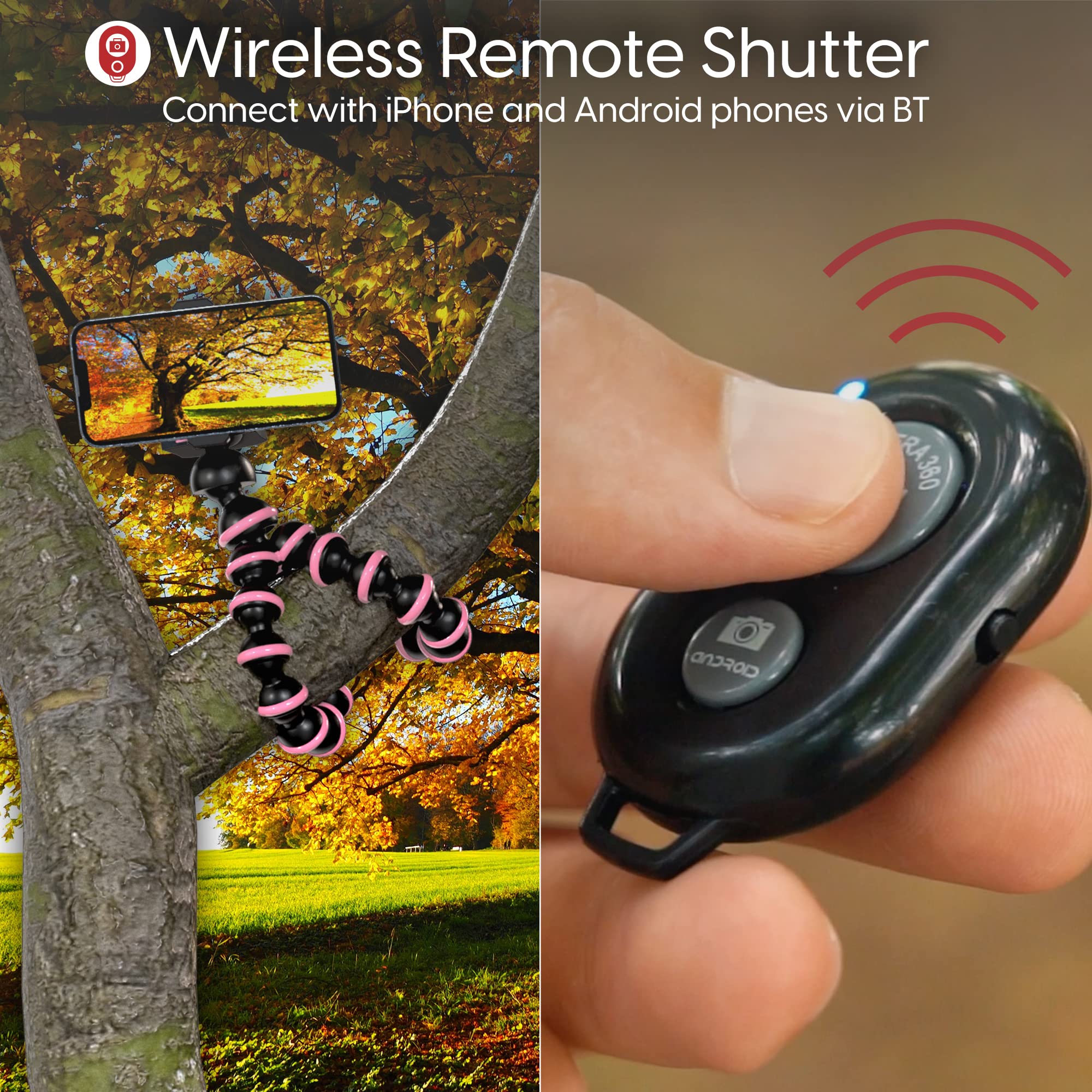 Talkworks Flexible Tripod For Iphone, Android, Camera - Bendable Legs, Adjustable Stand Holder With Mini Wireless Remote For Selfies, Vlogging, Beauty/Makeup, Live Streaming/Recording - Pink