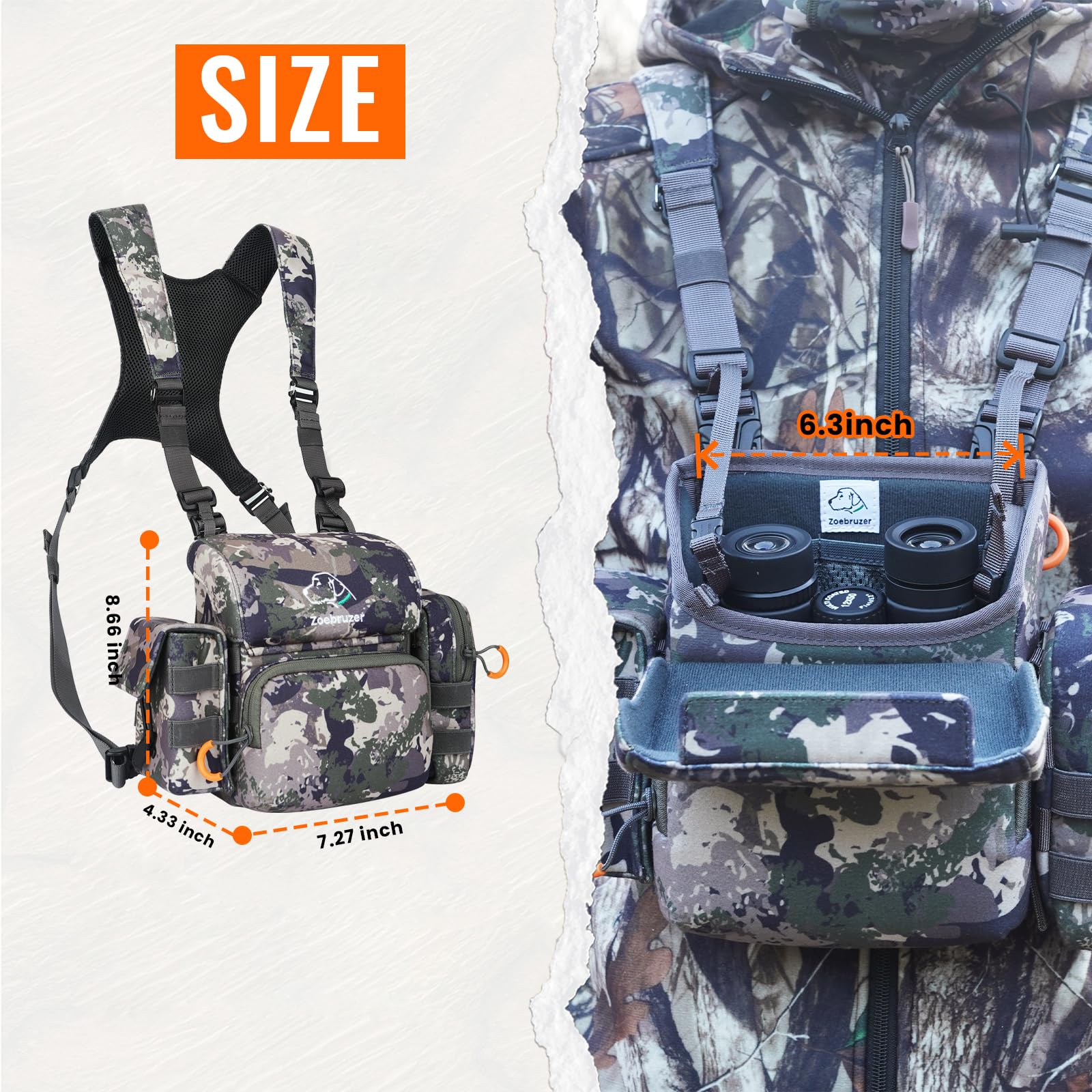 Zoebruzer Binocular Harness Chest Pack, Bino Harness Bag With Rangefinder Pouch & Rain Cover, Molle System Multifunction Hunting Pack