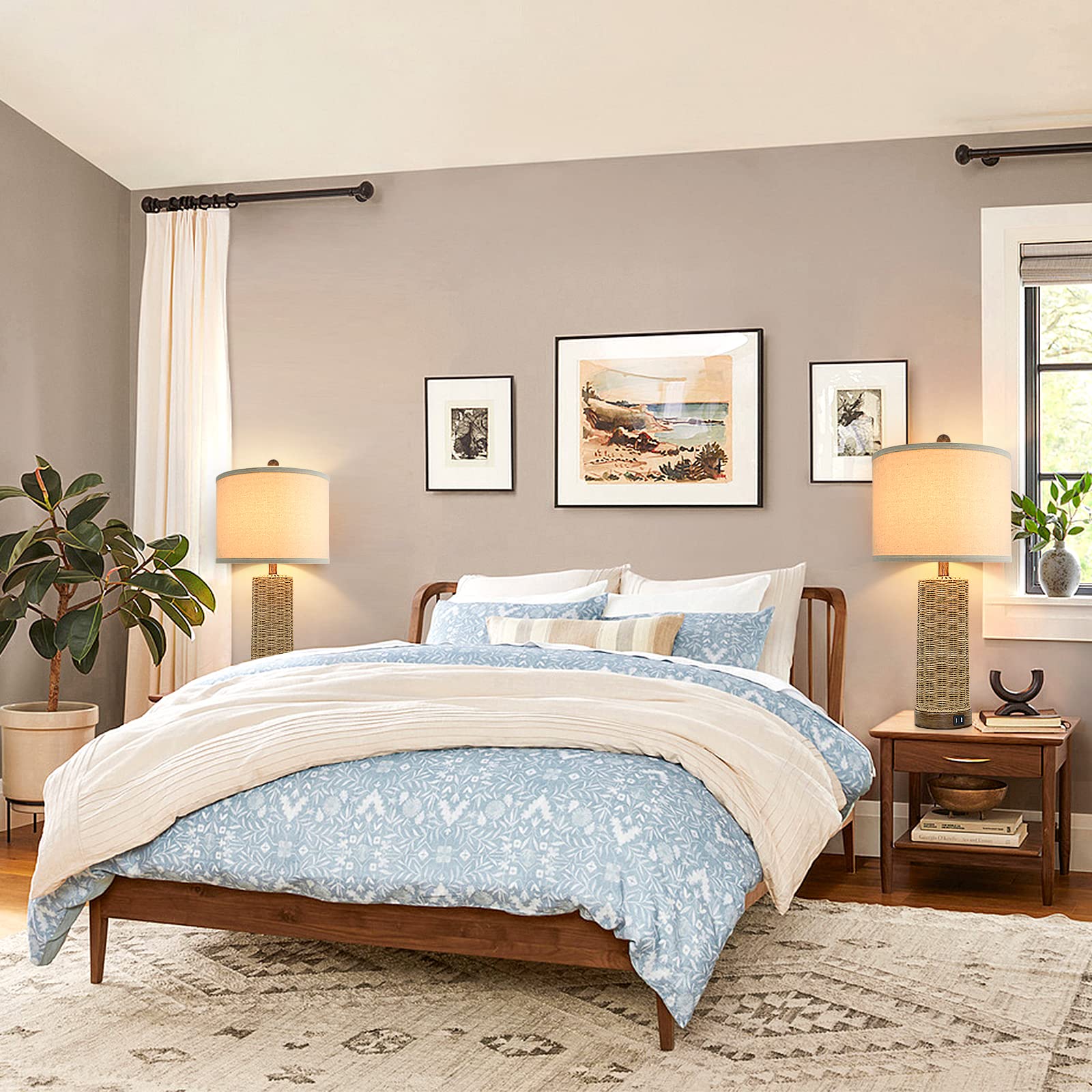 Beslowe 26" Coastal Table Lamps Set Of 2 With 2 Usb Ports, Rattan Nightstand Bedside Table Lamps For Living Room With Rotary Switch, Seagrass Farmhouse Desk Lamps For Bedroom Dorm Hotel