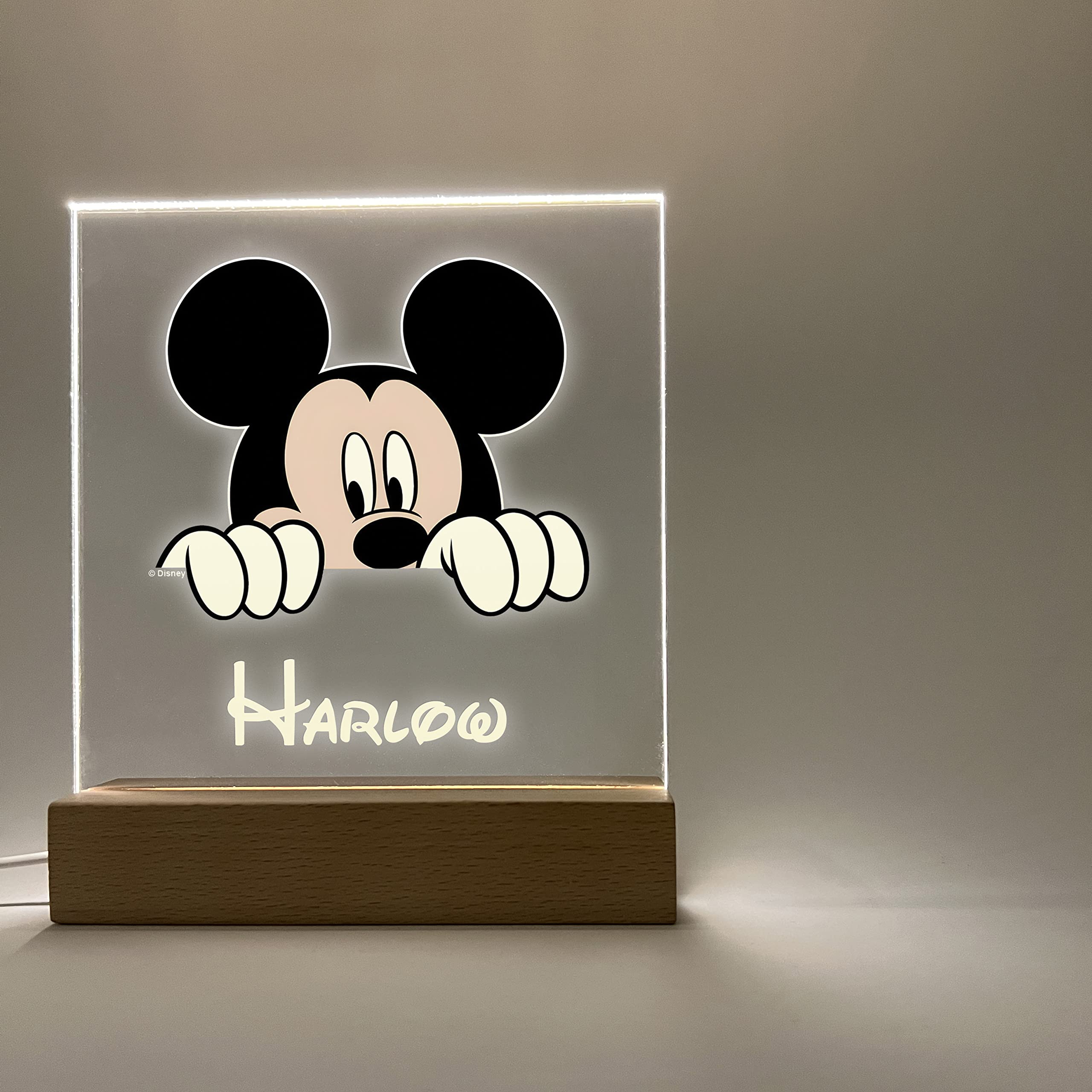 Mirror Mania Mickey Premium Wood Base Stand Soft Night Light Up Table Desk Lamp Led Sign Personalized Engraved With Your Name On It, Made To Order Home Girls Room Decor, A Must Have