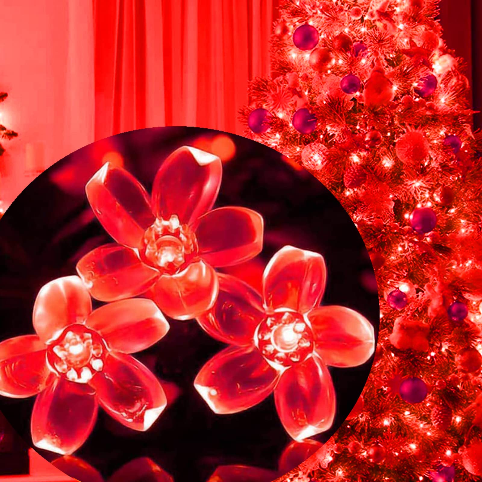 Fullbell String Lights Red Room Decor Cherry Blossom Lfights Red Flower String Lights 100 Led Memorable Extendable Red String Lights Red Led Lights (Red)
