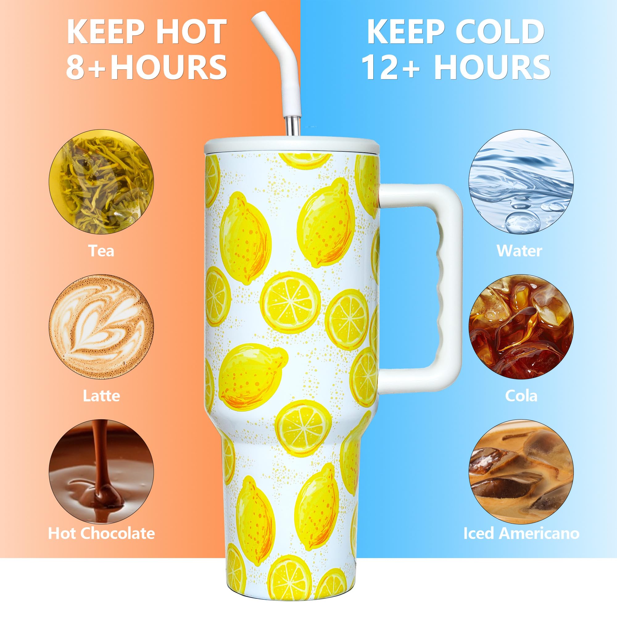 Lemon Tumbler With Straw And Lid Vacuum Insulated 40Oz Stainless Steel Cup For Women Birthday