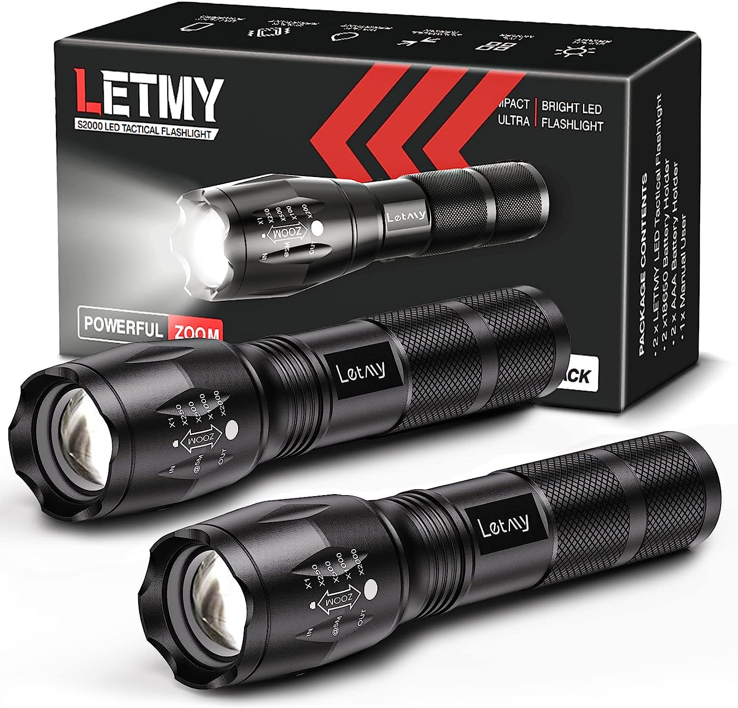 Letmy Tactical Flashlight S2000-2 Pack Bright Military Grade Led Flashlights High Lumens - Portable Handheld Flash Light, 5 Modes Zoomable Waterproof Flashlights For Home Emergency Camping Outdoor