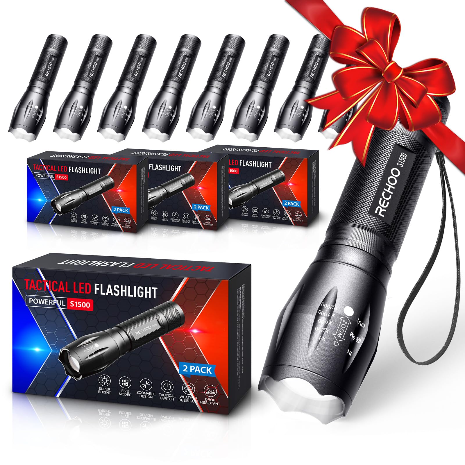 Rechoo 8 Pack Led Flashlight, Bright Powerful Flash Light With 5 Lighting Modes, Small Zoomable Utility Flashlights High Lumens, Waterproof Edc Flashlights For Home, Camping, Emergency - S1500