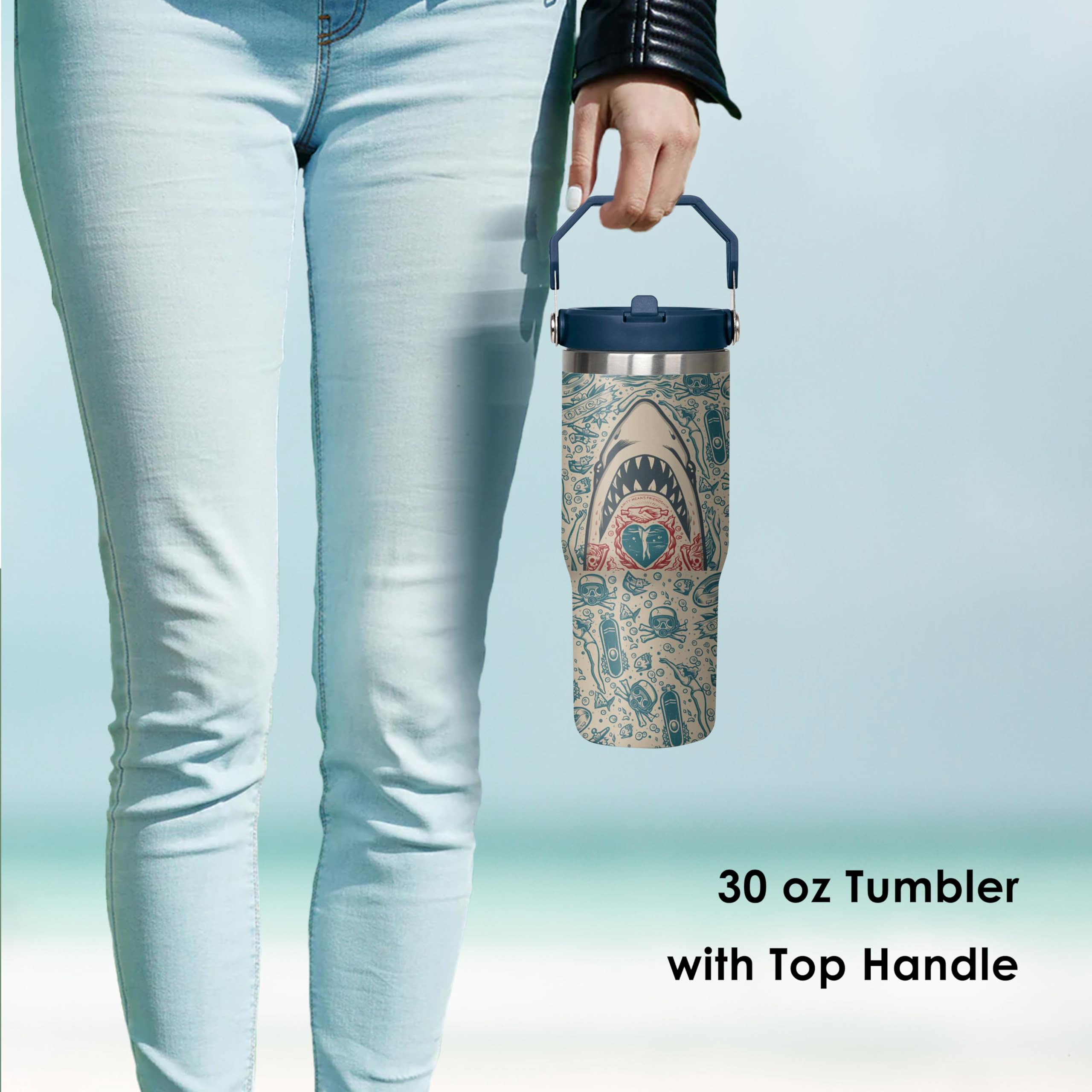 30 Oz Shark White Flip Straw Tumbler With Top Handle For Sharkhead White Lover Resuable