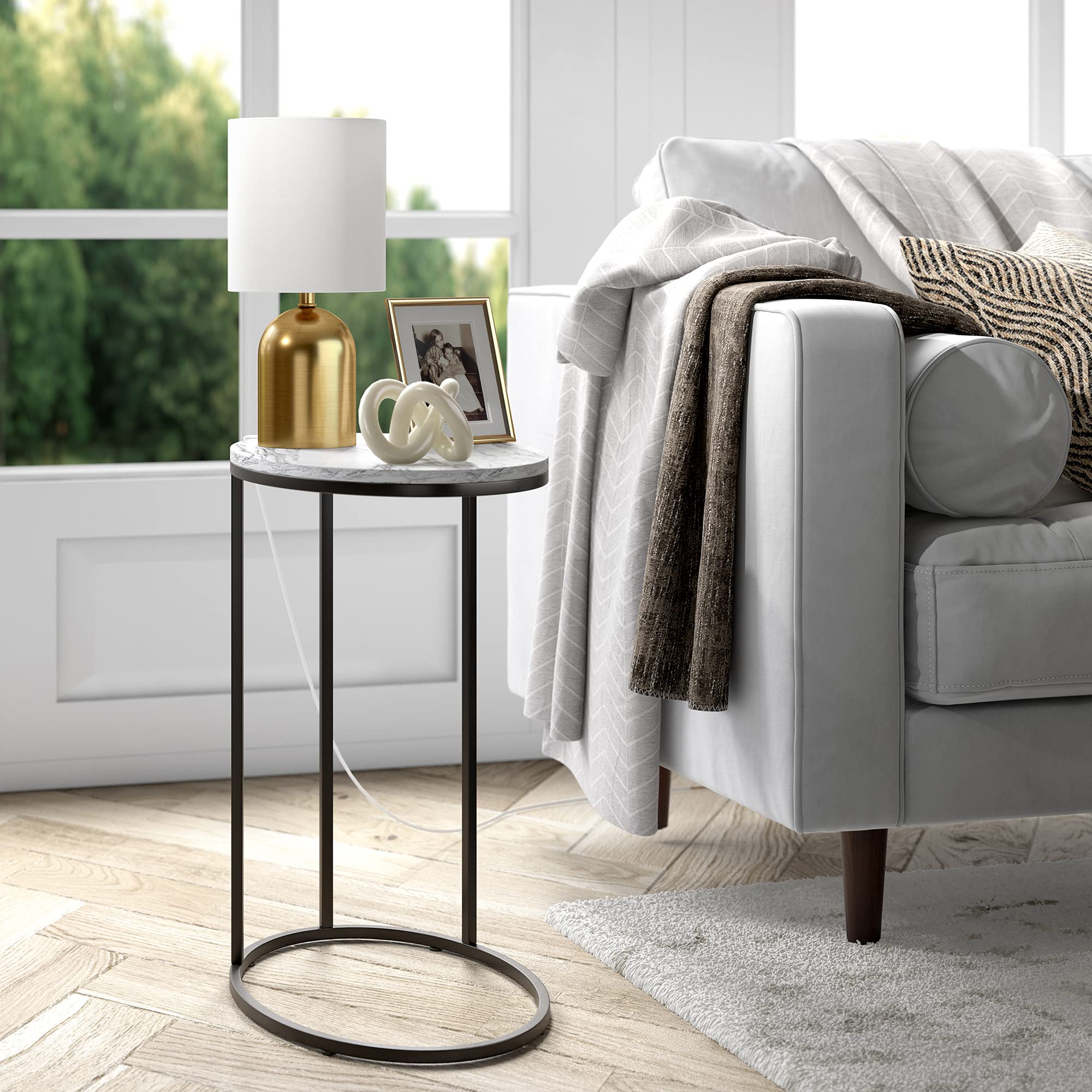 Henn&Hart 13.25" Tall Mini Lamp With Fabric Shade In Brass/White, For Home, Living Room, Bedroom, Entertainment Room, Office, Kitchen, Dining