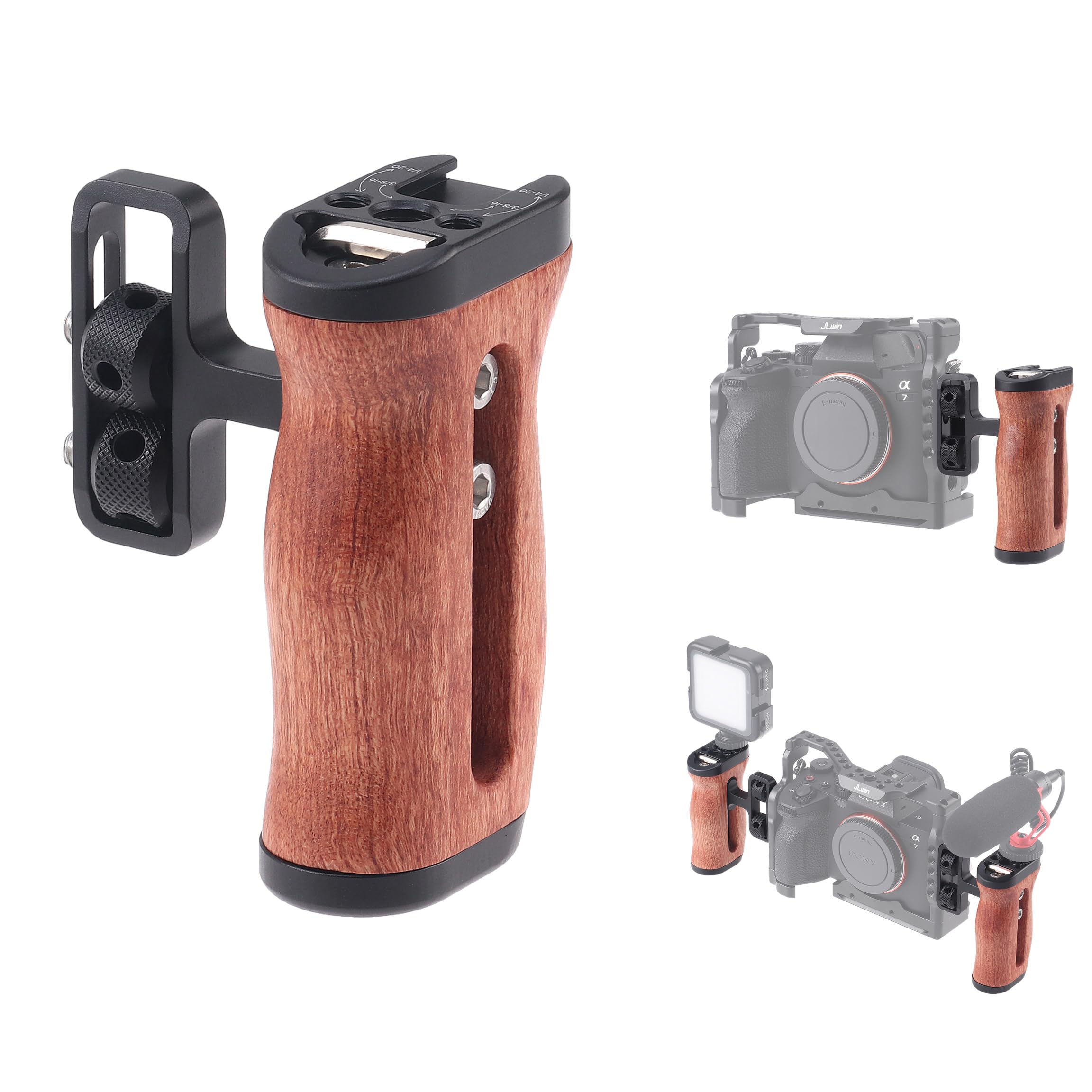 Fotga Wooden Side Handle Grip With 1/4"-20 Mount Holes Cold Shoe For Dslr Mirrorless Video Camera Cage Microphone Built-In Wrench,Adjustable Up And Down