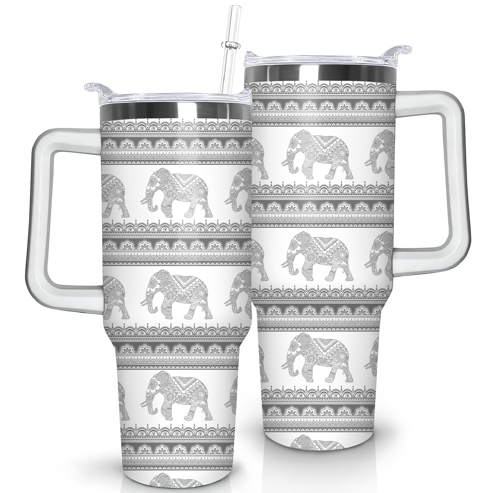40 Oz Elephant Tumbler With Handle And Straw, Gray Mandala Floral Stainless Steel Vacuum Insulated