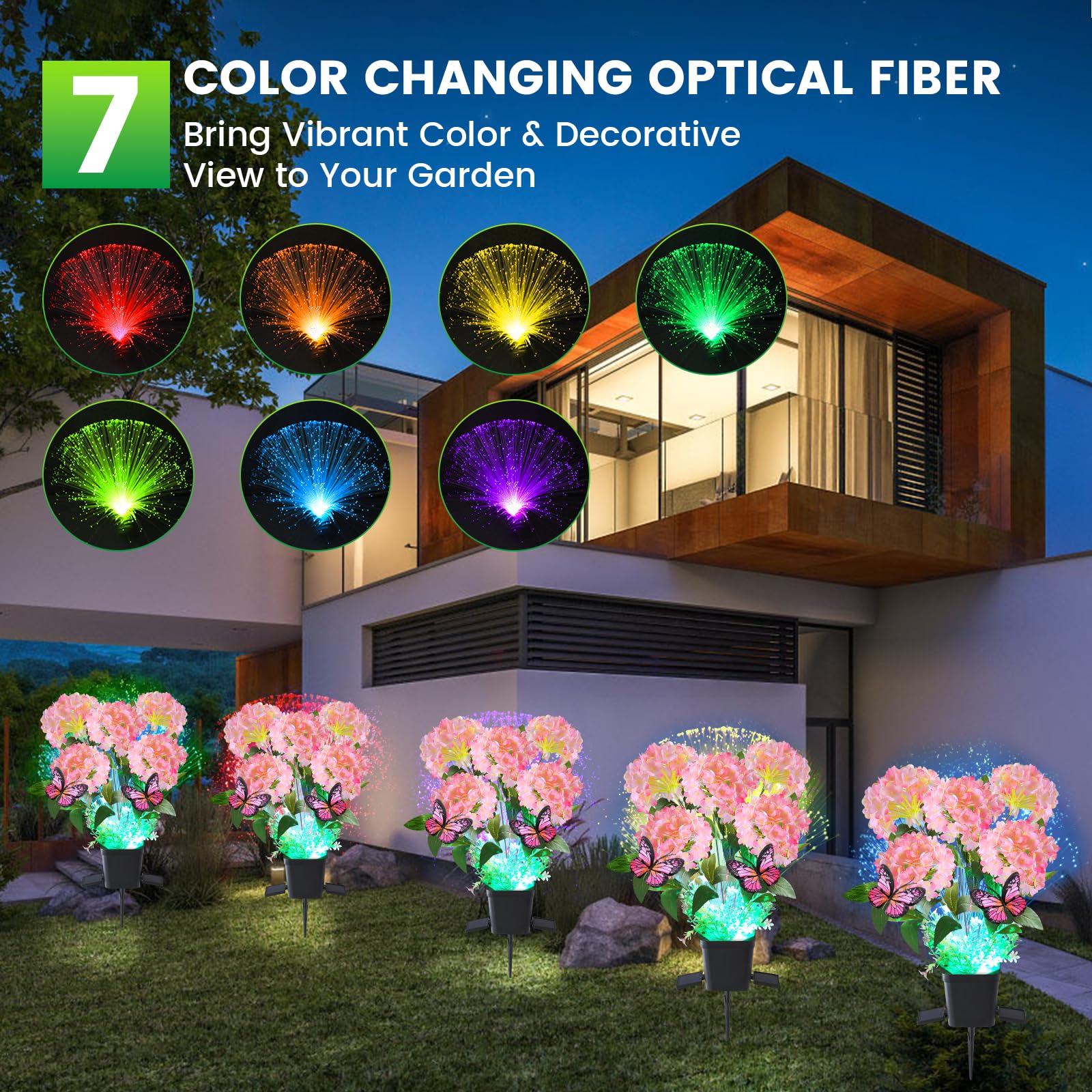 Zpqbeye Solar Garden Lights Outdoor Waterproof Decorative Hydrangea Flower Pot 2 Pack With Butterfly & 7-Color Changing Optical Fiber,Solar Flowers For Outside Garden Yard Decor, For Mother'S Day