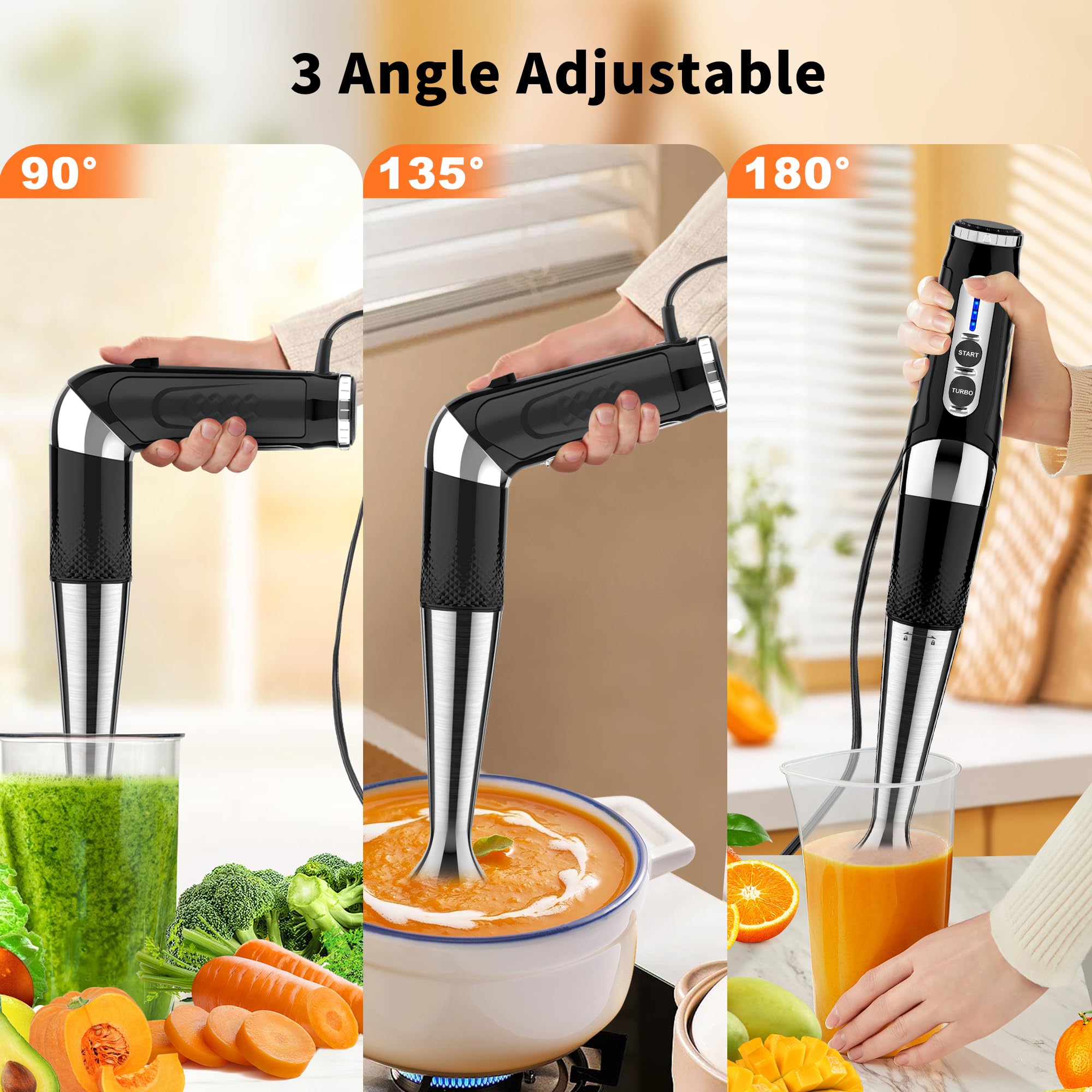 Binroc Immersion Blender Handheld, 3-Angle Adjustable With 21-Speed Electric Hand Emulsion Stick Blender With Stainless Steel Bladefor Milkshakes, Puree, Soup, Baby Food, Smoothies