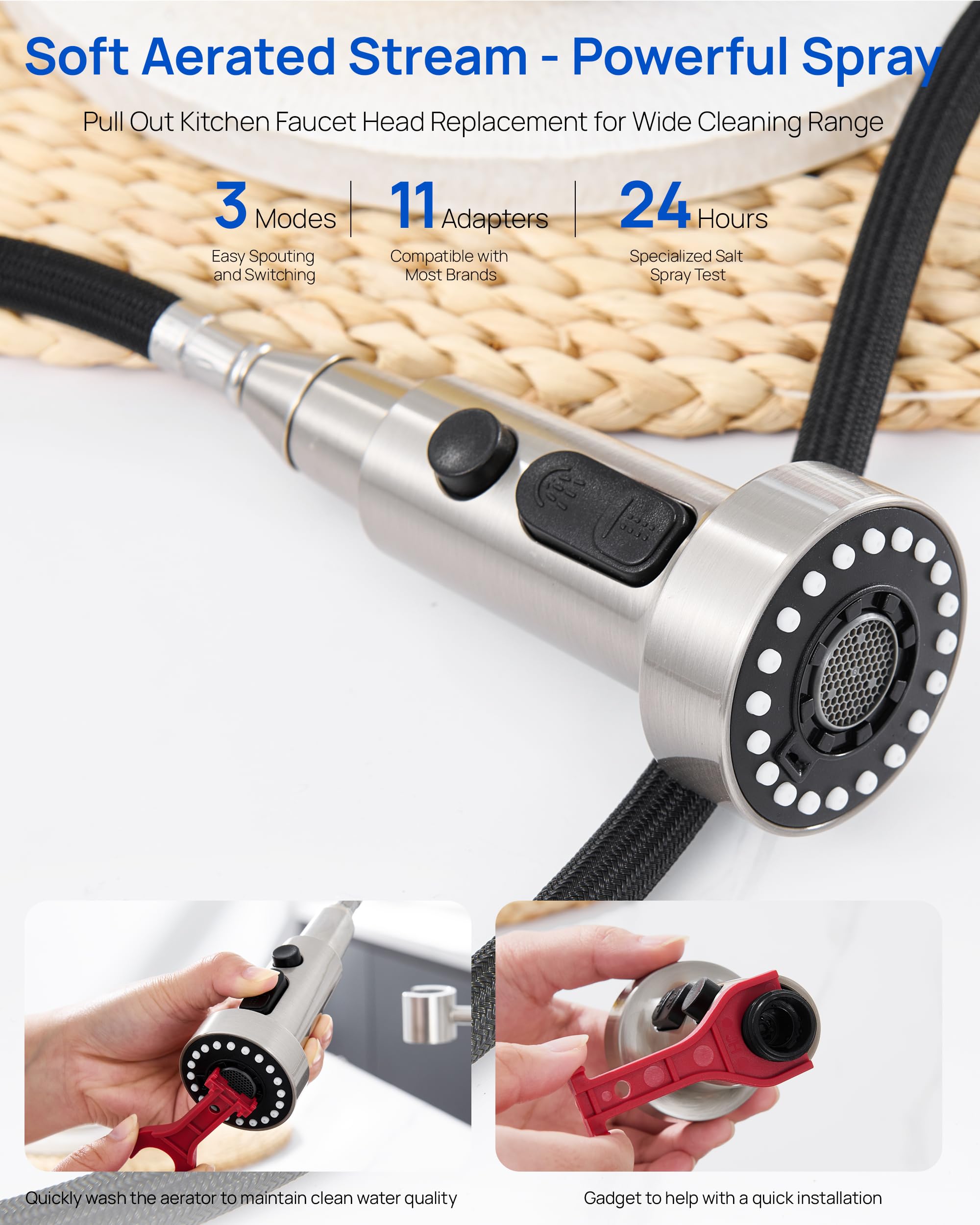 J-Hva Pull Down Kitchen Faucet Sprayer Head Replacement Part, 3 Function Pull Out Sink Sprayer Replacement Nozzle With 15 Adapters, Kitchen Faucet Head Hose Spray Tap Spout, Brushed Nickel