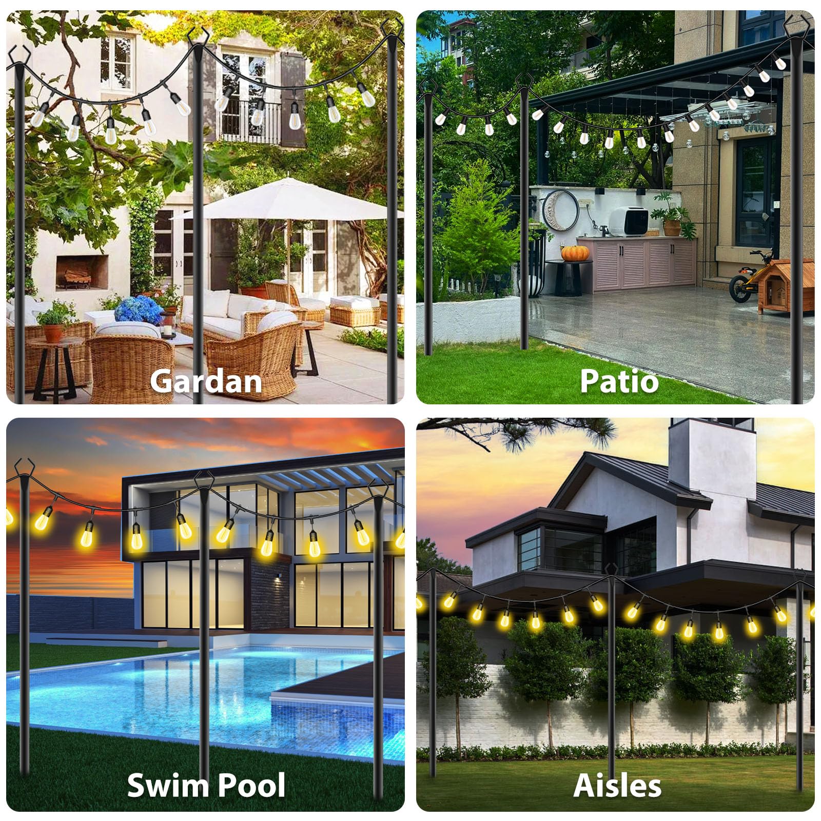Zoegi 10Ft String Light Poles 4 Pack,Light Poles For Outside Lights With Fork,Outdoor Brackets Hanging Lights,Metal Stand For Deck Patio,Backyard,Wedding,Deck,Party