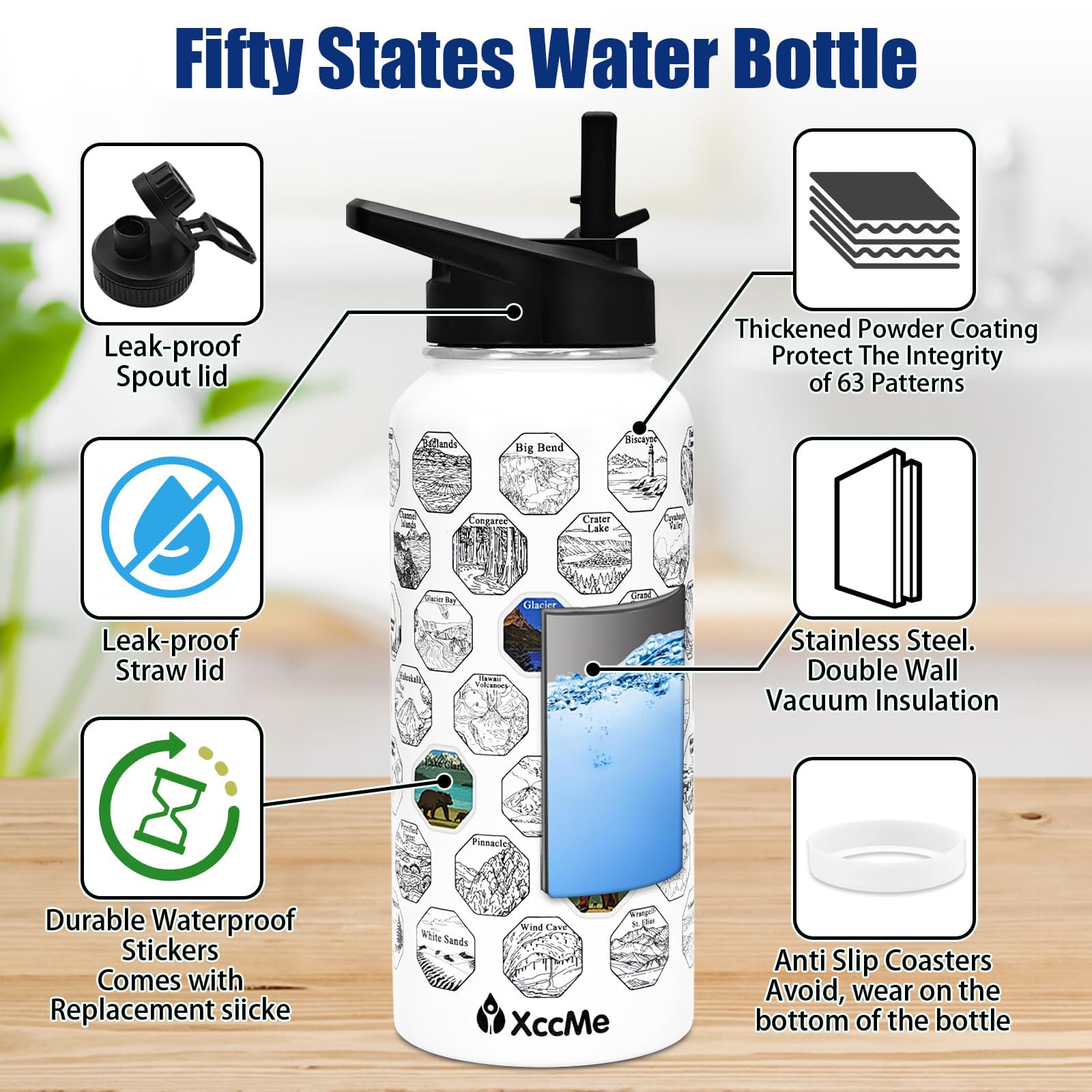 63 National Parks Water Bottle With Stickers,32 Oz Stainless Steel Insulated Water Bottle