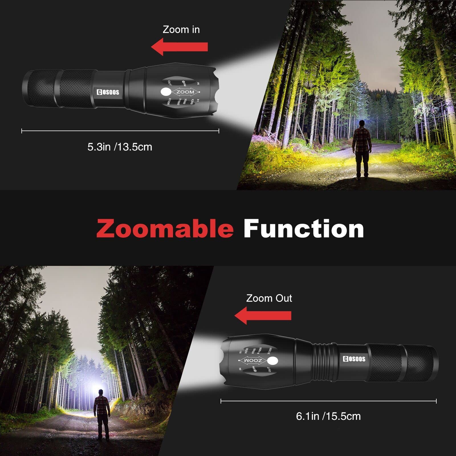 Cosoos 2 Utility Flashlights With Holsters, Bright Led Flashlight 1000 Lumen, 5 Mode Portable Zoomable Waterproof Flash Light For Hiking, Outdoor Camping Gear Essential, No Aaa Battery
