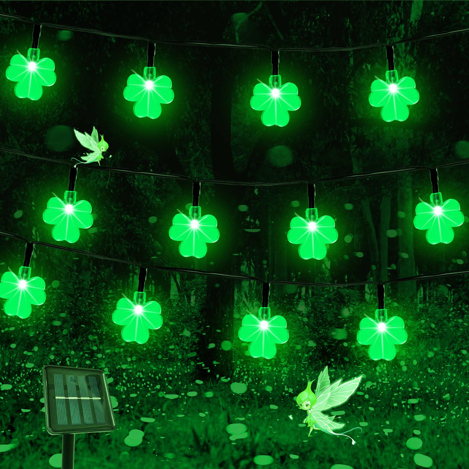 X-Giftkey St. Patrick'S Day Decor Solar Shamrock String Lights, 50Led Green, Outdoor, 19Ft