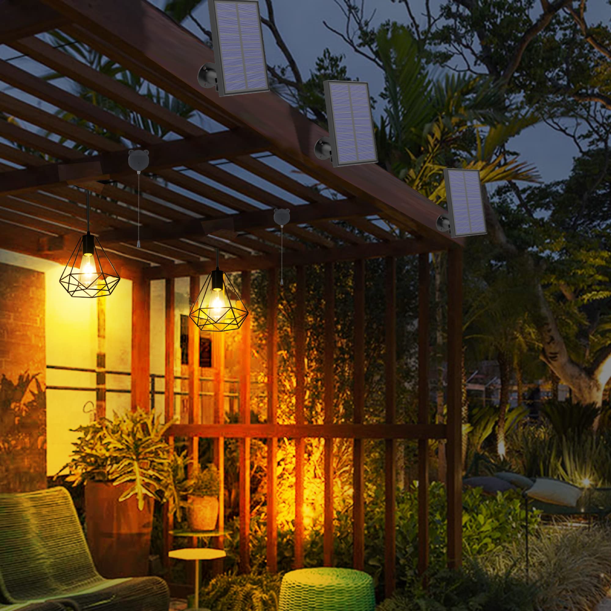 Yumamei Solar Pendant Lights, Solar Powered Shed Light With Pull Cord And Remote For Outdoor Indoor, Solar Chandelier, Gazebo Lights With Adjustable Solar Panel For Yard Patio Balcony Barn Garage