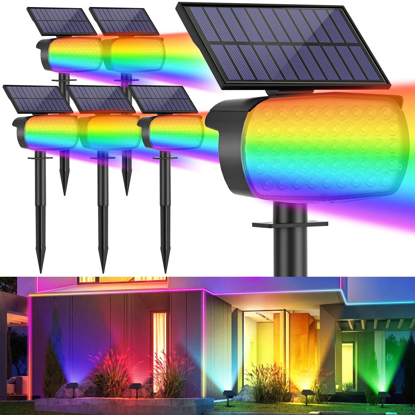 Minpea Solar Color Changing Spot Lights Outdoor, Ip65 Waterproof Christmas Lights, Multicolor Landscape Spotlights, Large Panel Powered Yard Garden Pathway Light 6 Pack