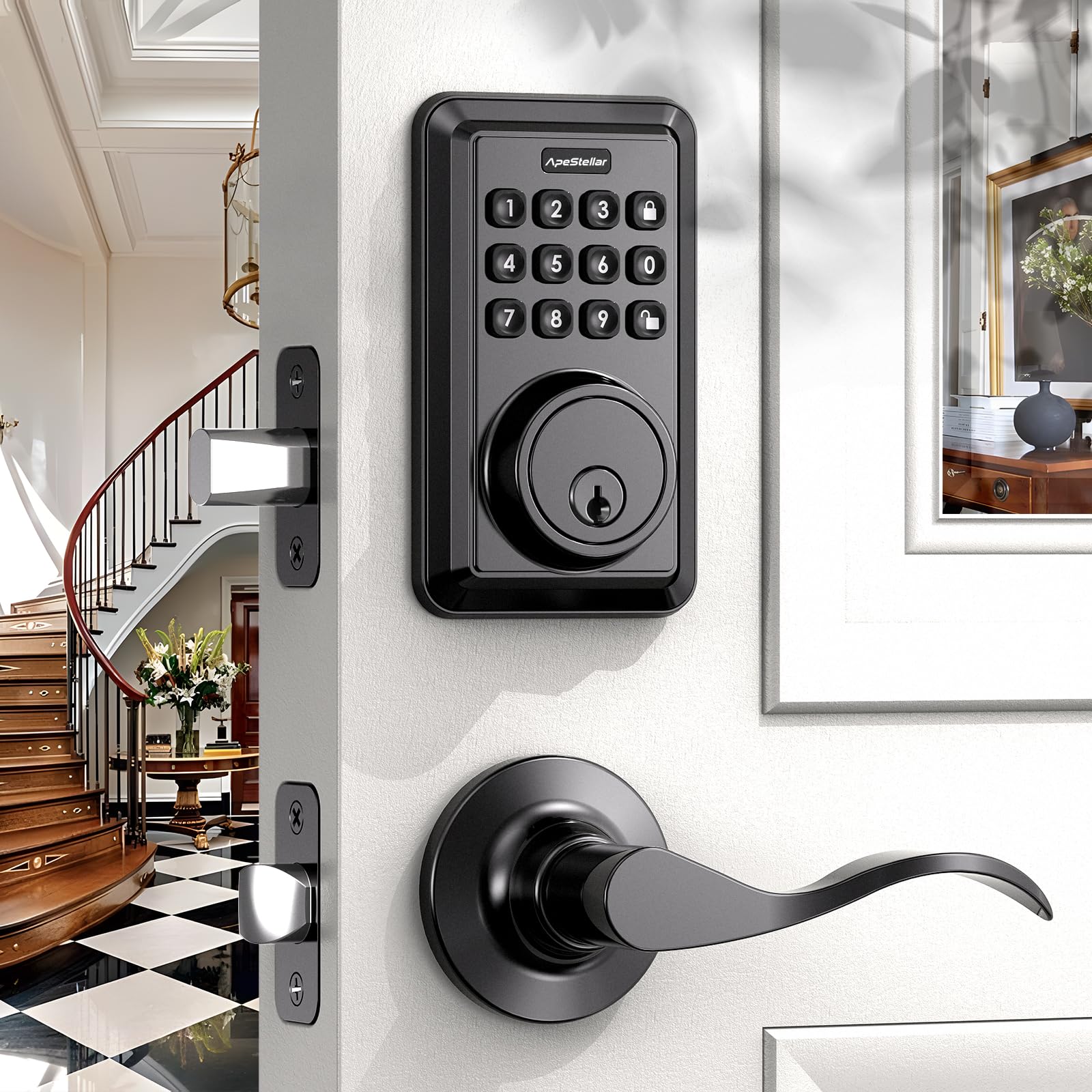 Apestellar Keyless Entry Door Lock With 2 Lever Handles - Electronic Keypad Deadbolt - Front Door Lock Handle Sets - Auto Lock, Anti-Peeking Password, Easy Installation - Matte Black