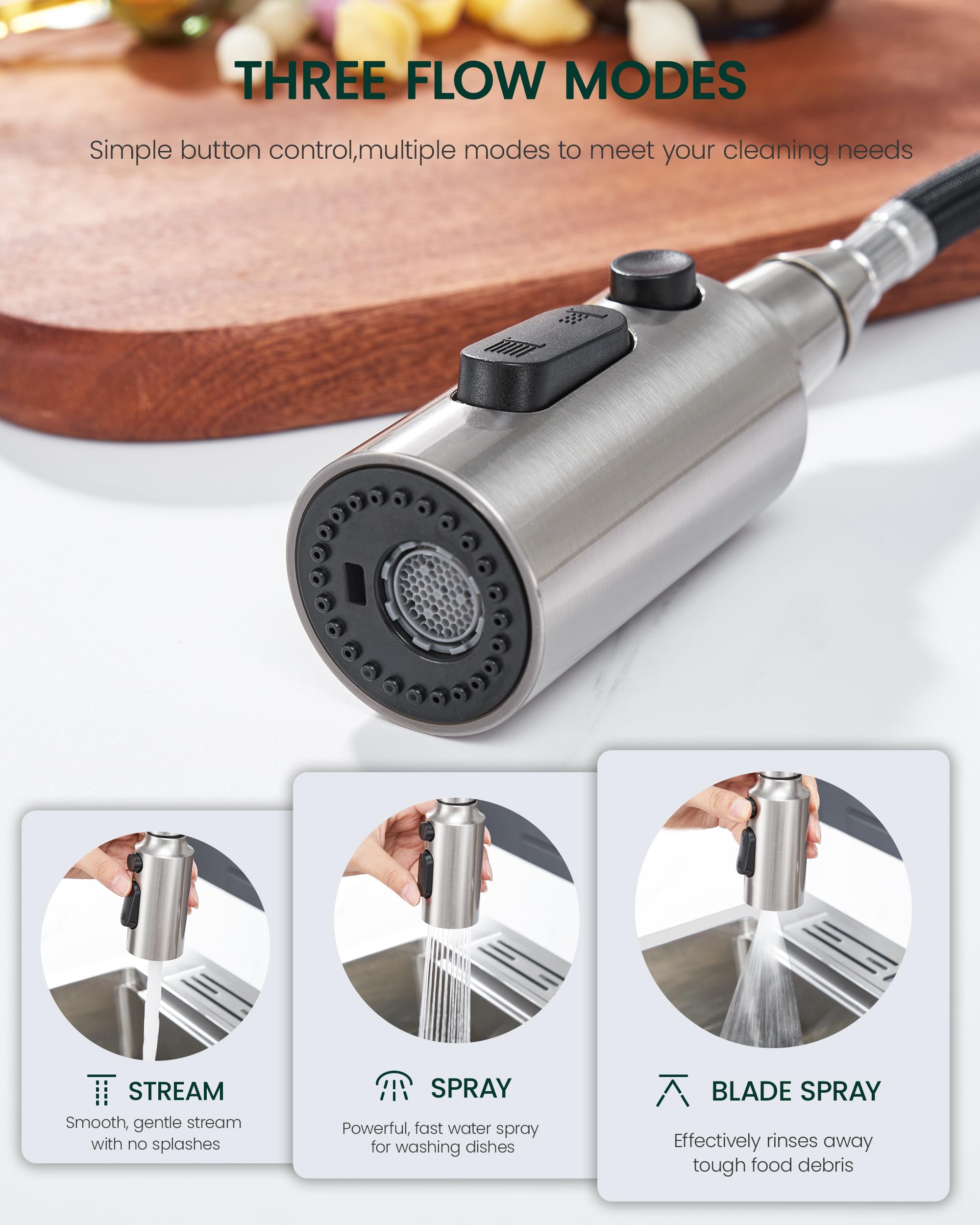 Heisok Kitchen Faucet Spray Head Replacement, Pull Down Faucet Head Replacement With 15 Adapters, 3 Function Spray Nozzle For Kitchen Faucet, Replacement Pull Out Faucet Head, Brushed Nickel