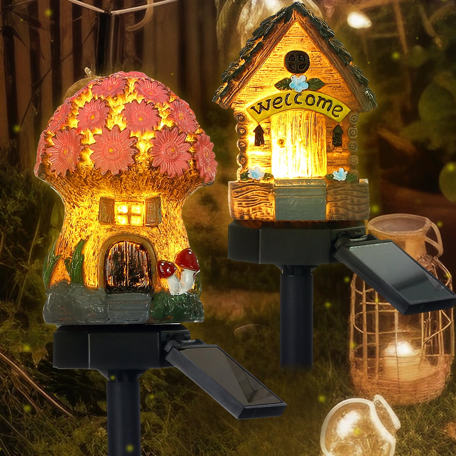 Rossesay 2 Pack Outdoor Garden Mushroom Fairy House Solar Light Home Statue Led Light Fairy Lights For Outside Garden Lawn Walkway Patio Yard Backyard Plant Decoration