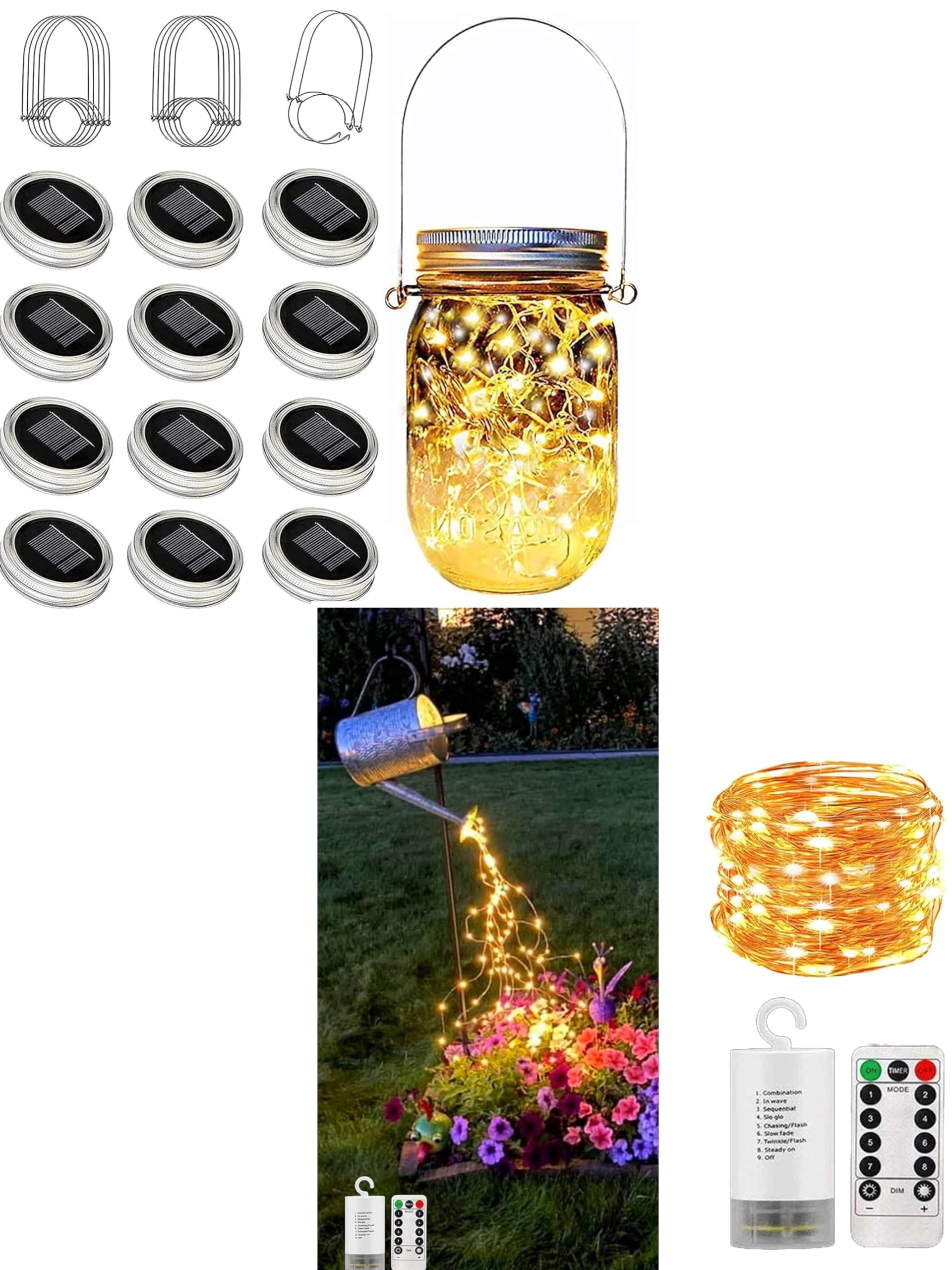 Znycye 12 Pack Solar Mason Jar Lights Warm White +1 Pack Watering Can Lights Warm White