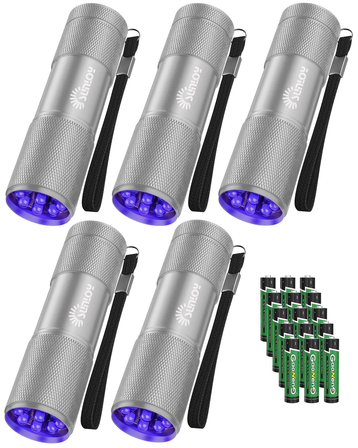 Sunloy Uv Flashlight Black Light Uv Lights, 5 Pack 9 Led 395Nm Ultraviolet Blacklight, Handheld Mini Torch Light Pet Urine Detector For Dog/Cat Urine, Dry Stains(15X Aaa Batteries(Silver))