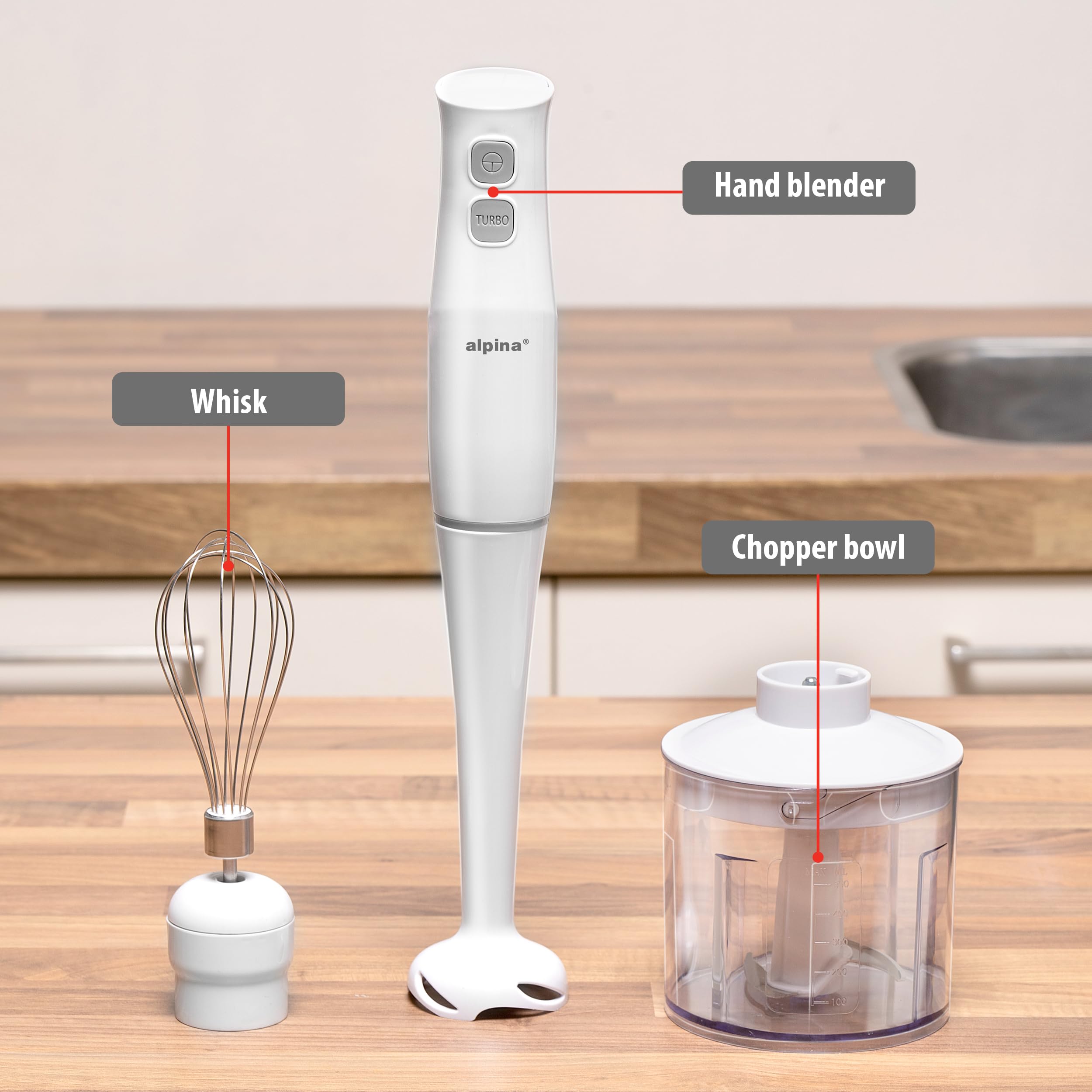 Alpina Hand Blender With Accessories, Mini Chopper, Blender, Arm, Blender, Multifunction 400W, White