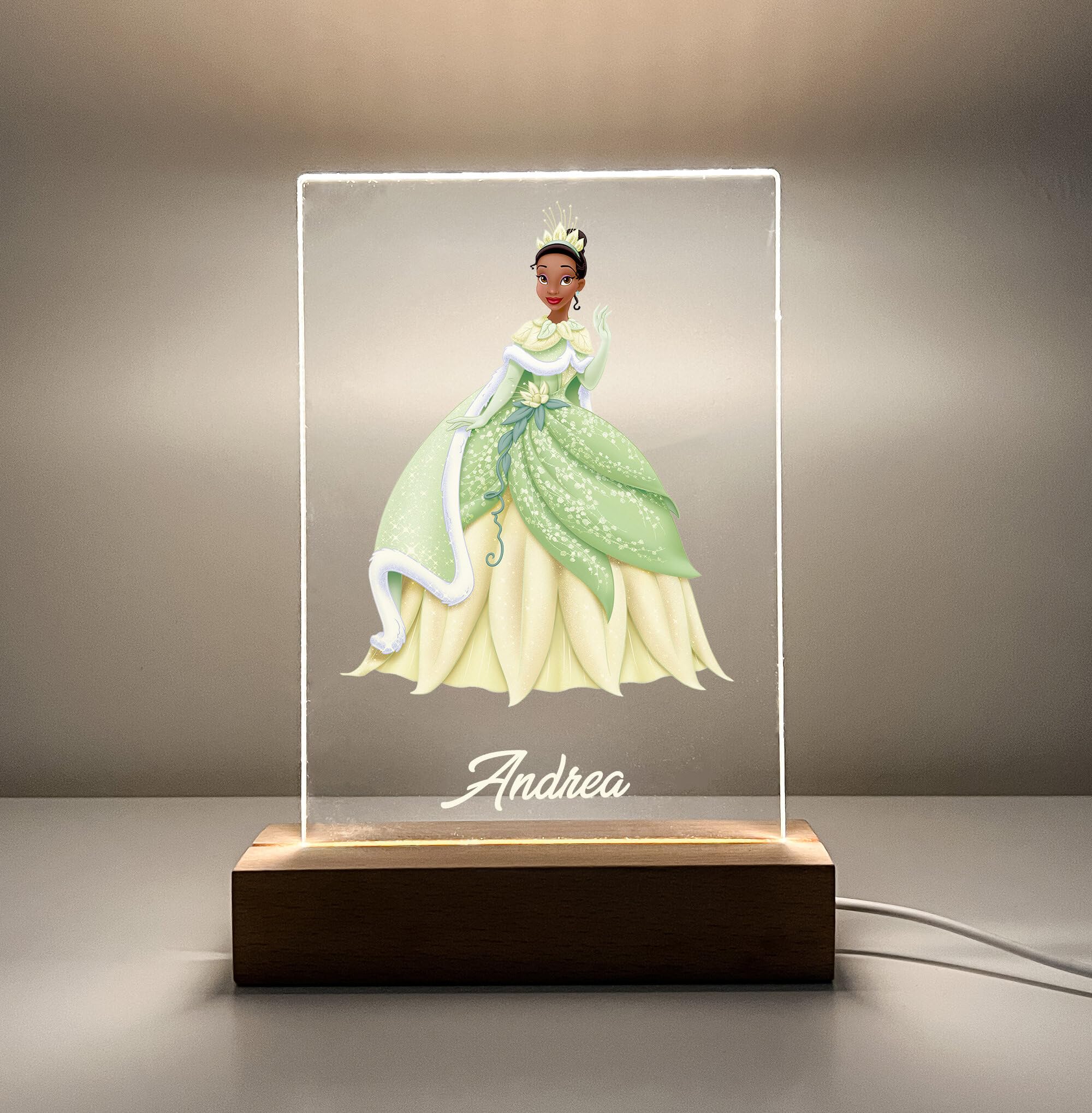 Mirror Mania Tiana Frog Premium Wood Base Stand Soft Night Light Up Table Desk Lamp Led Princess Sign Personalized Engraved With Your Name On It, Made To Order Home Girls Room Decor, A Must Have