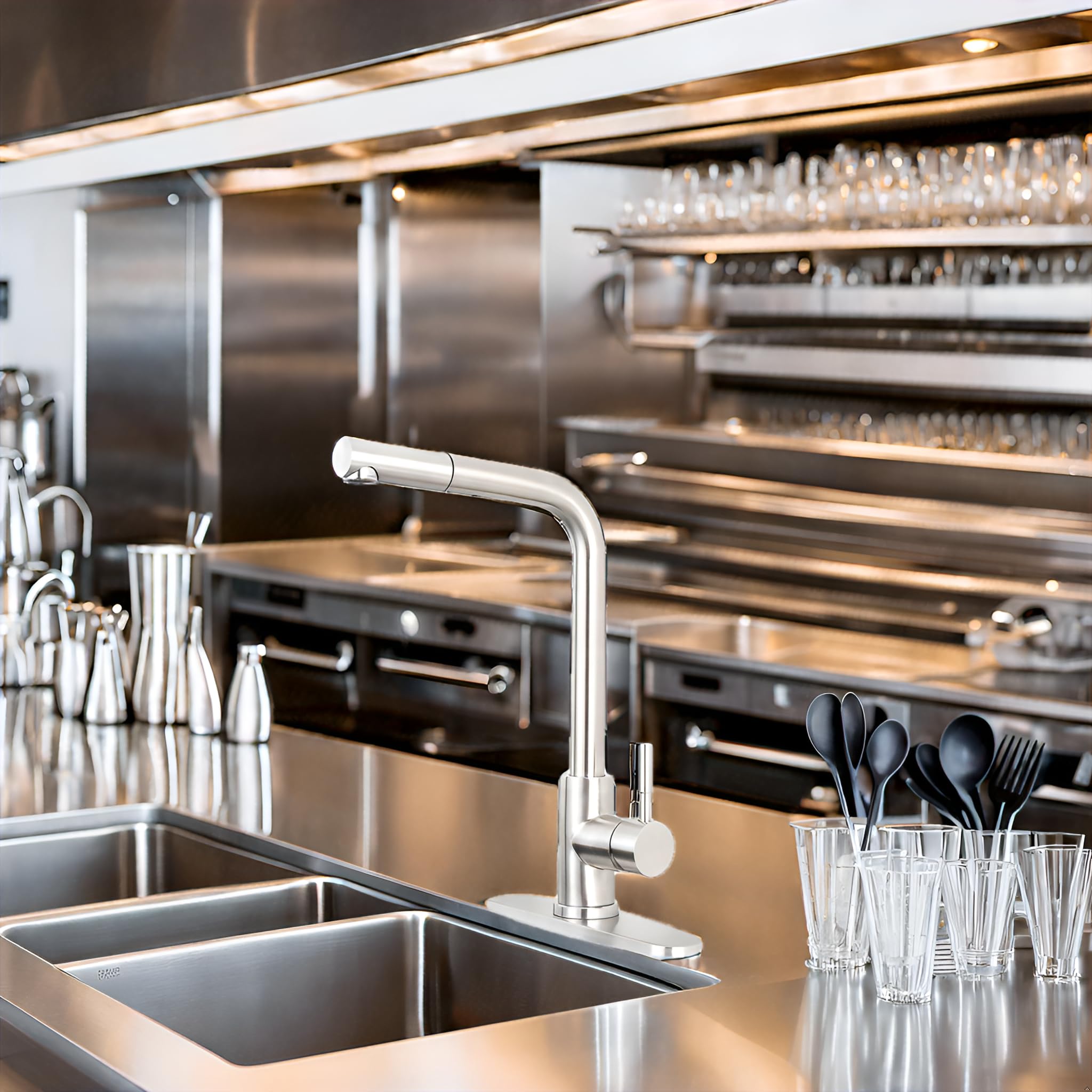 Trywell Kitchen Faucets With Pull Down Sprayer Stainless Steel Kitchen Sink Single Handle Utility Faucet Modern Brushed Nickel Faucet And Deck Plate For Kitchen Bar Camper Rv