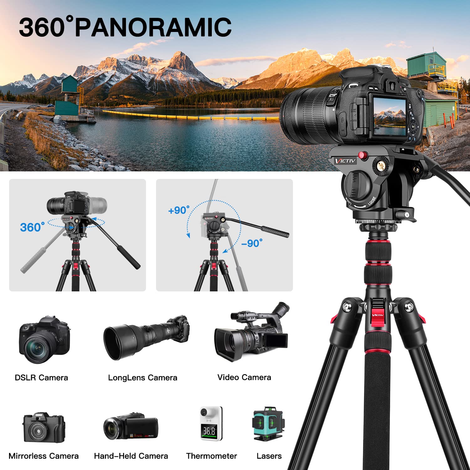 Victiv Camera Tripod, 72" Video Tripod With Fluid Head, Aluminum Heavy Duty Tripod With Carry Bag, Professional Camera Tripods & Monopods, Compatible With Canon, Sony, Dslr, Camcorder