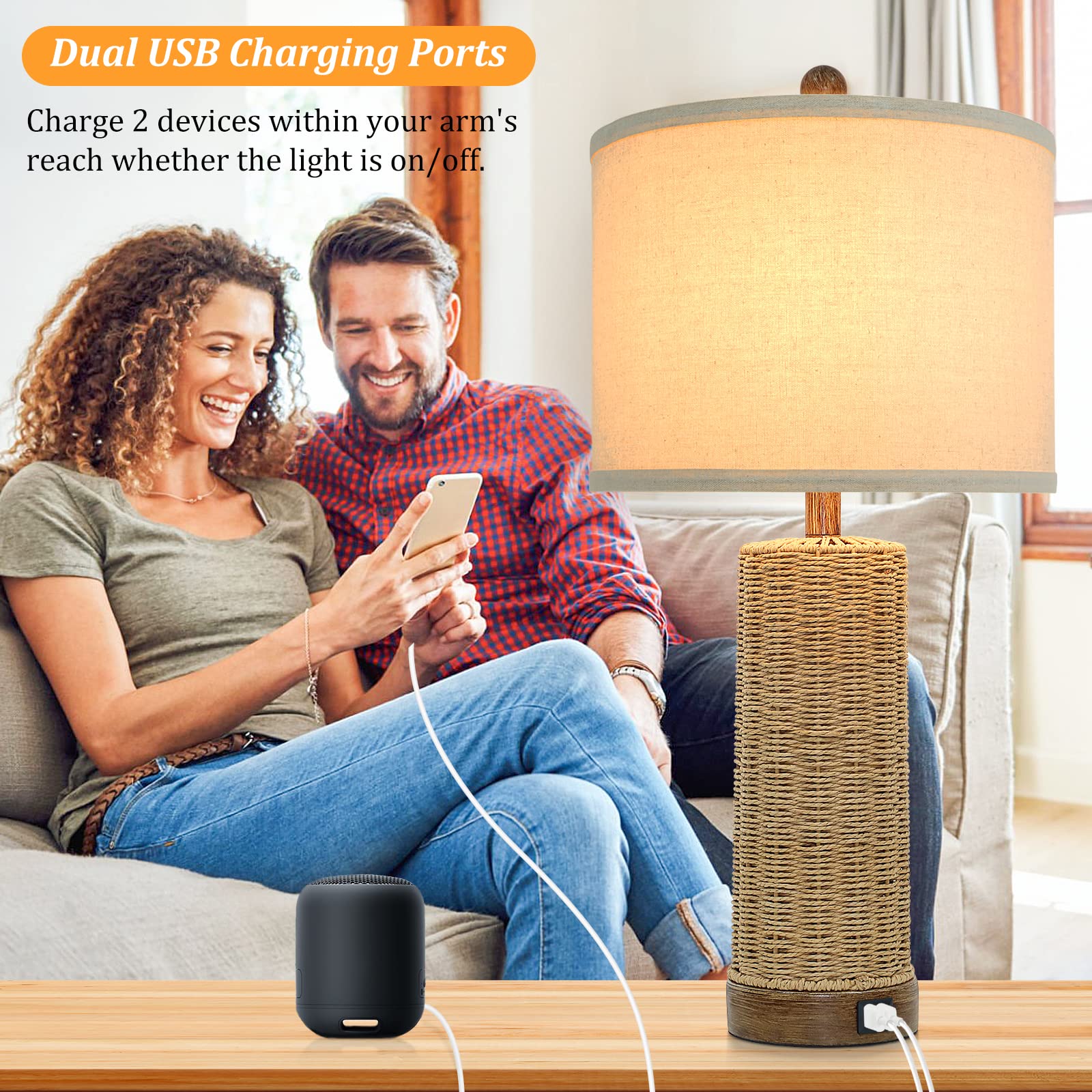 Beslowe 26" Coastal Table Lamps Set Of 2 With 2 Usb Ports, Rattan Nightstand Bedside Table Lamps For Living Room With Rotary Switch, Seagrass Farmhouse Desk Lamps For Bedroom Dorm Hotel