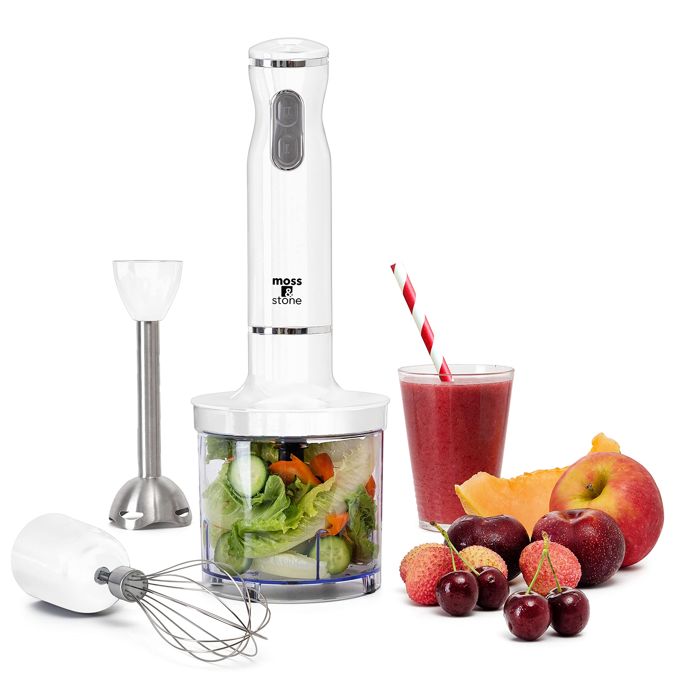 Moss & Stone Hand Blender With Egg Whisk & Chopper, Powerful 300 Watt Stick Blender, Hand Mixer Set Stainless Steel Shaft & Blades, White Handheld Blender With Ergonomic Handle