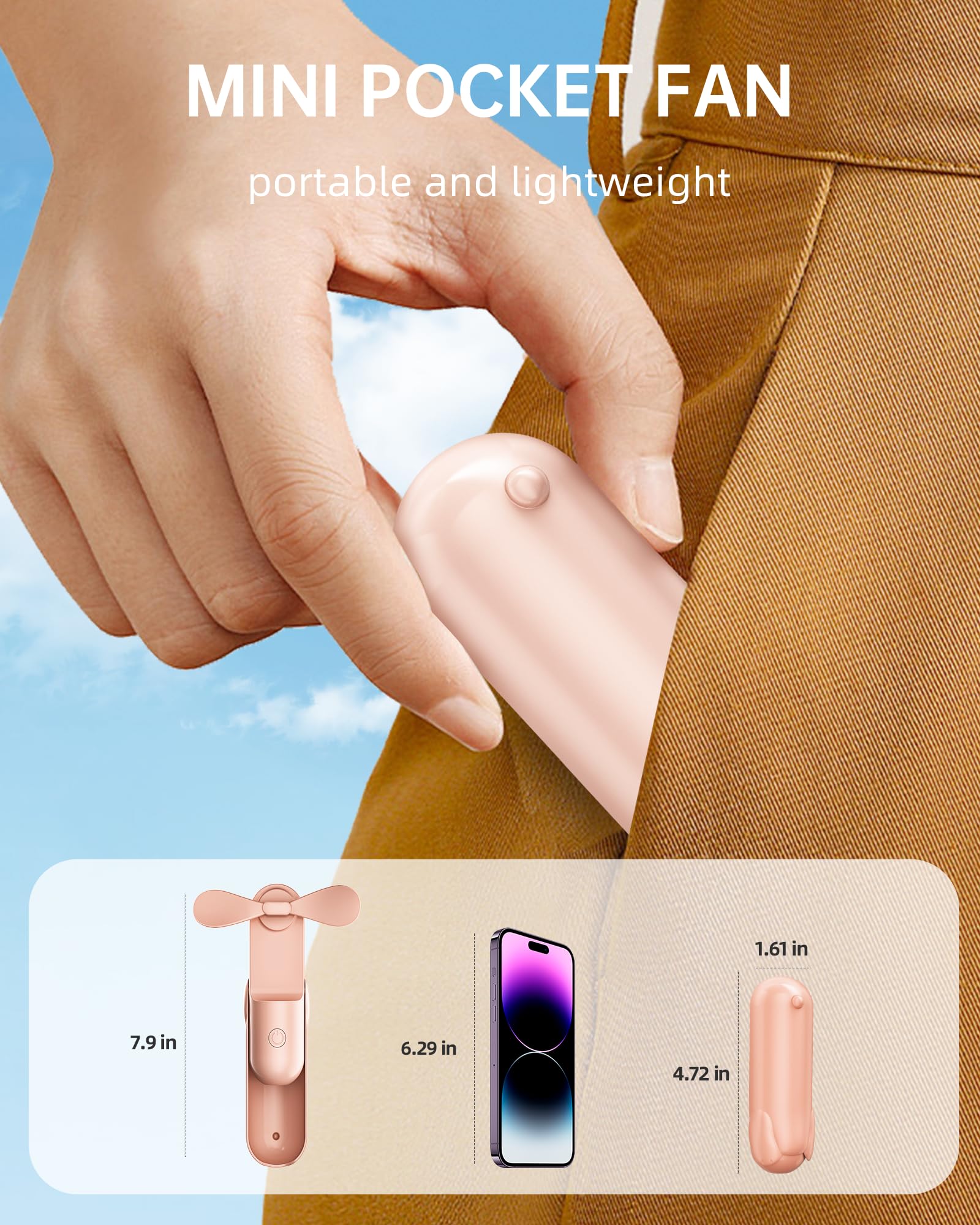 Portable Mini Handheld Fan For Women & Girls,1800Mah Usb Rechargeable, Ultra Quiet, 12H Runtime