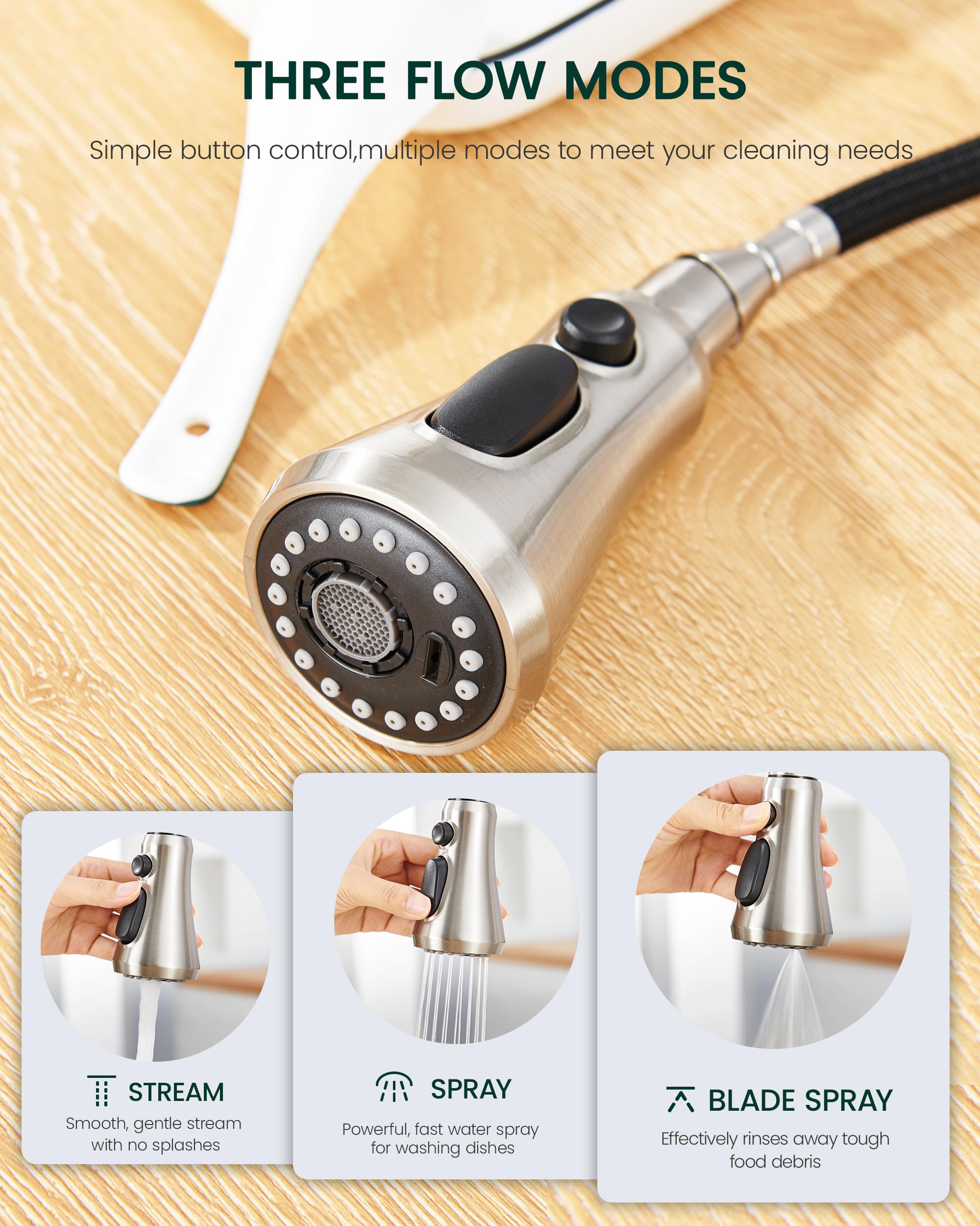 Heisok Kitchen Faucet Head Replacement, 3-Function Pull Down Faucet Spray Head With 15 Adapters - Replacement Pull-Out Sink Spout Sprayer Nozzle, Brushed Nickel