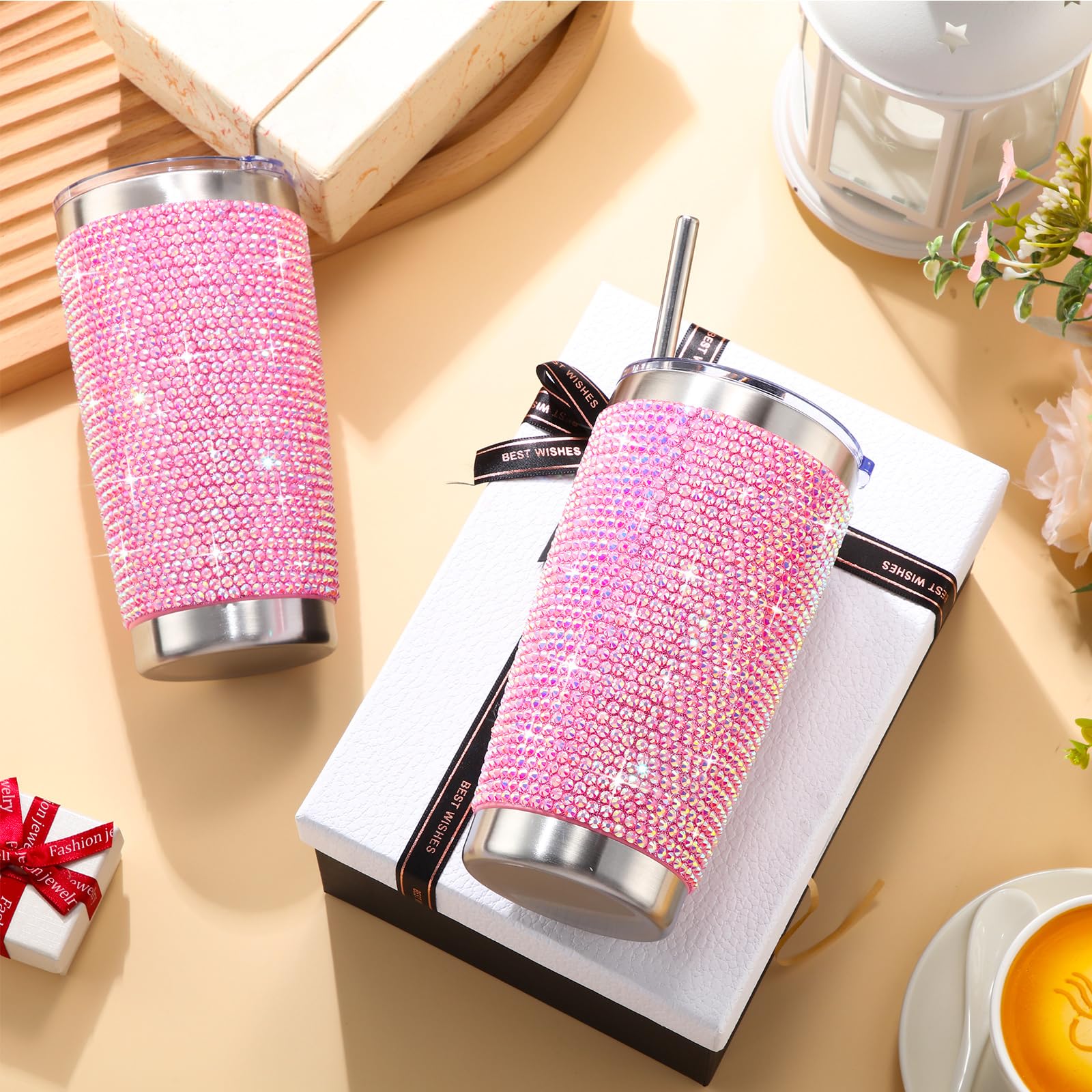 Lallisa 2 Pcs Rhinestone Tumblers Bling Cups 20 Oz Glitter Water Bottles Stainless Steel Vacuum Ins