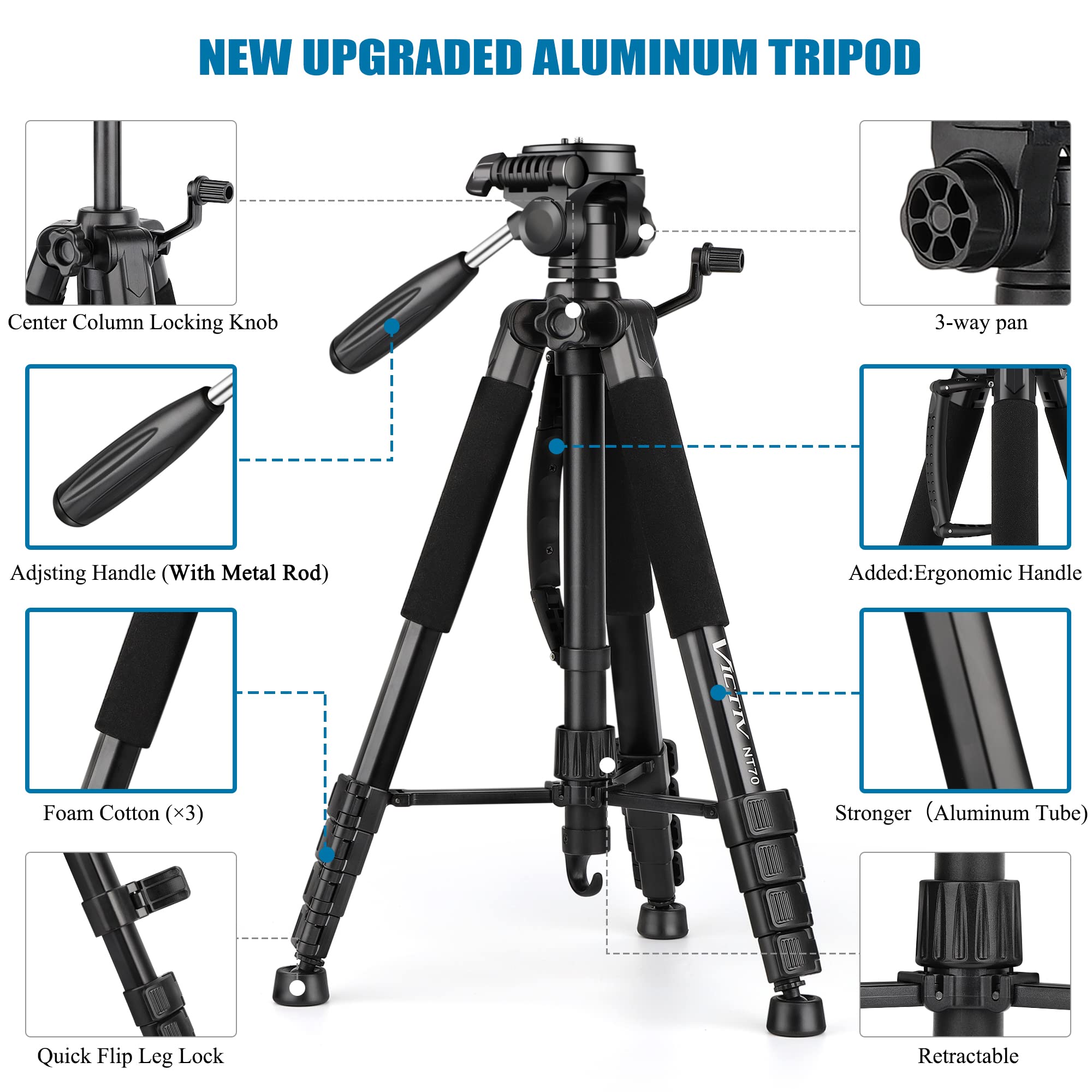Victiv 74” Camera Tripod, Tripod For Camera And Phone, Aluminum Professional Tripod Stand For Canon Nikon With Carry Bag And Phone Holder, Compatible With Dslr, Iphone, Spotting Scopes, Max Load 9.5Lb