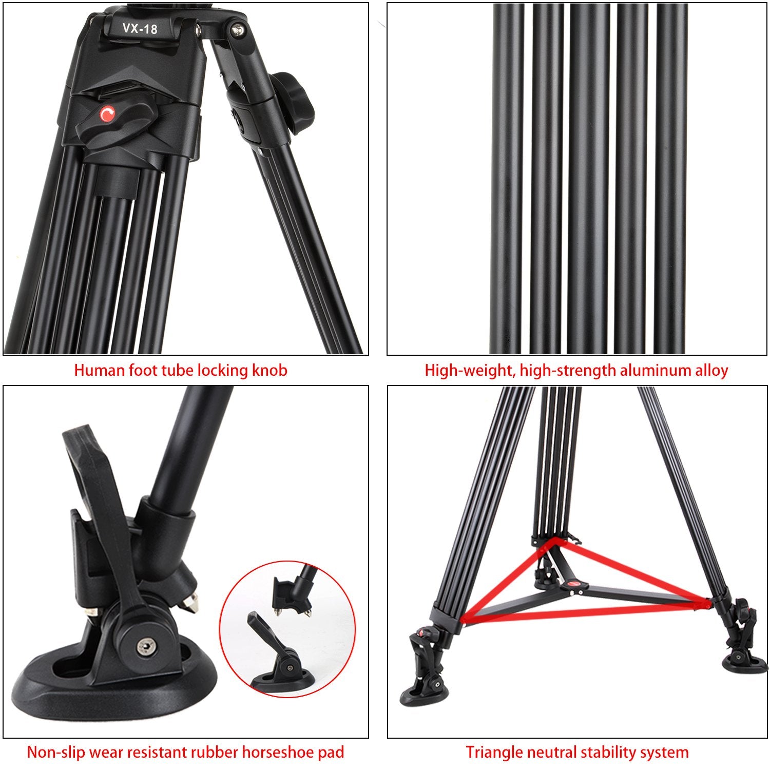 Viltrox Vx-18M Professional Aluminum Alloy Heavy Duty Video Camera Camcorder Panorama Tripod With Fluid Drag Head For Dslr Video Recorder,188Cm/74 Inch