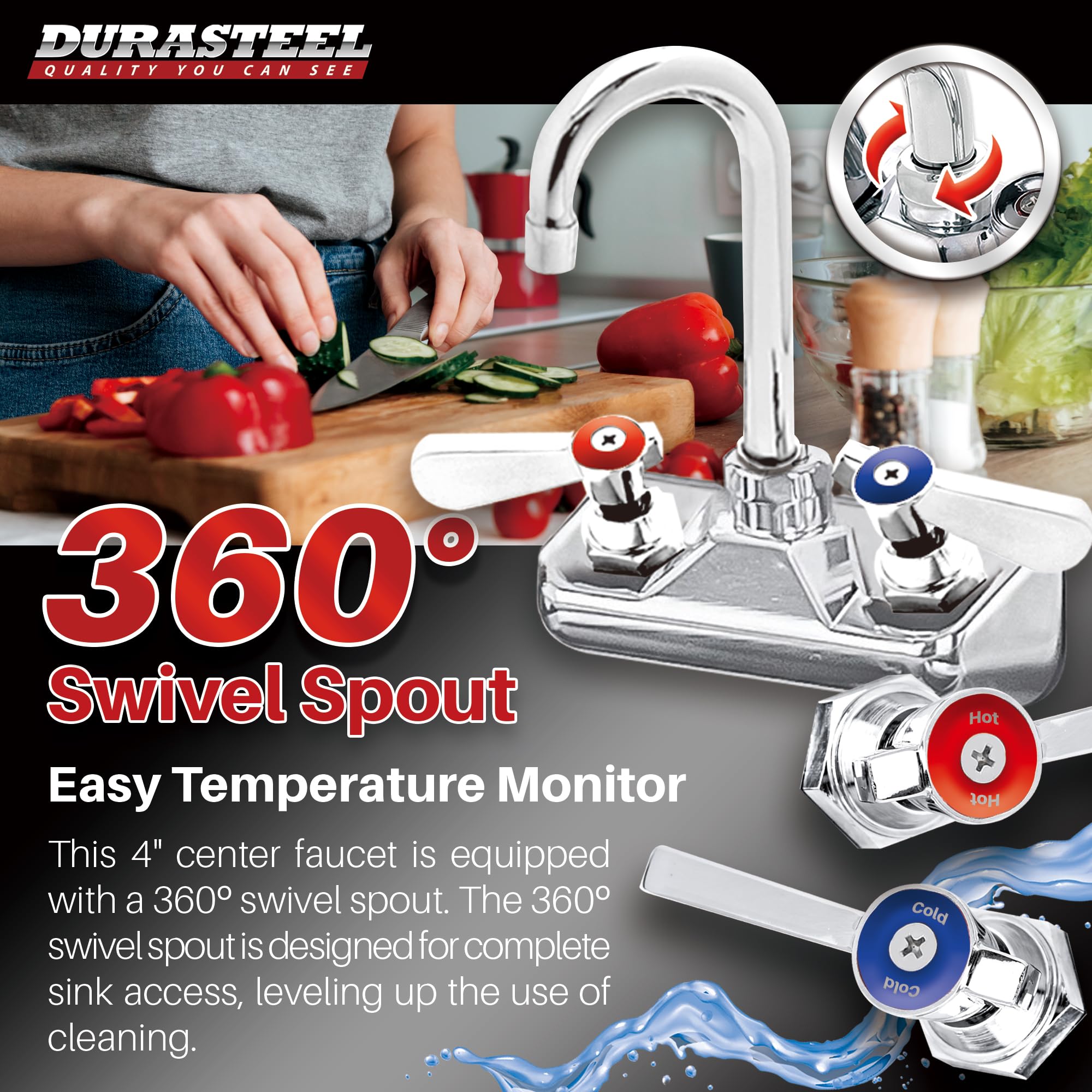 Durasteel Commercial Hand Sink Faucet - 4 Inch Center Wall Mount Handwash Sink Faucet With 3-1/2" Gooseneck Spout - Cec  Saving Water - Dual Swing