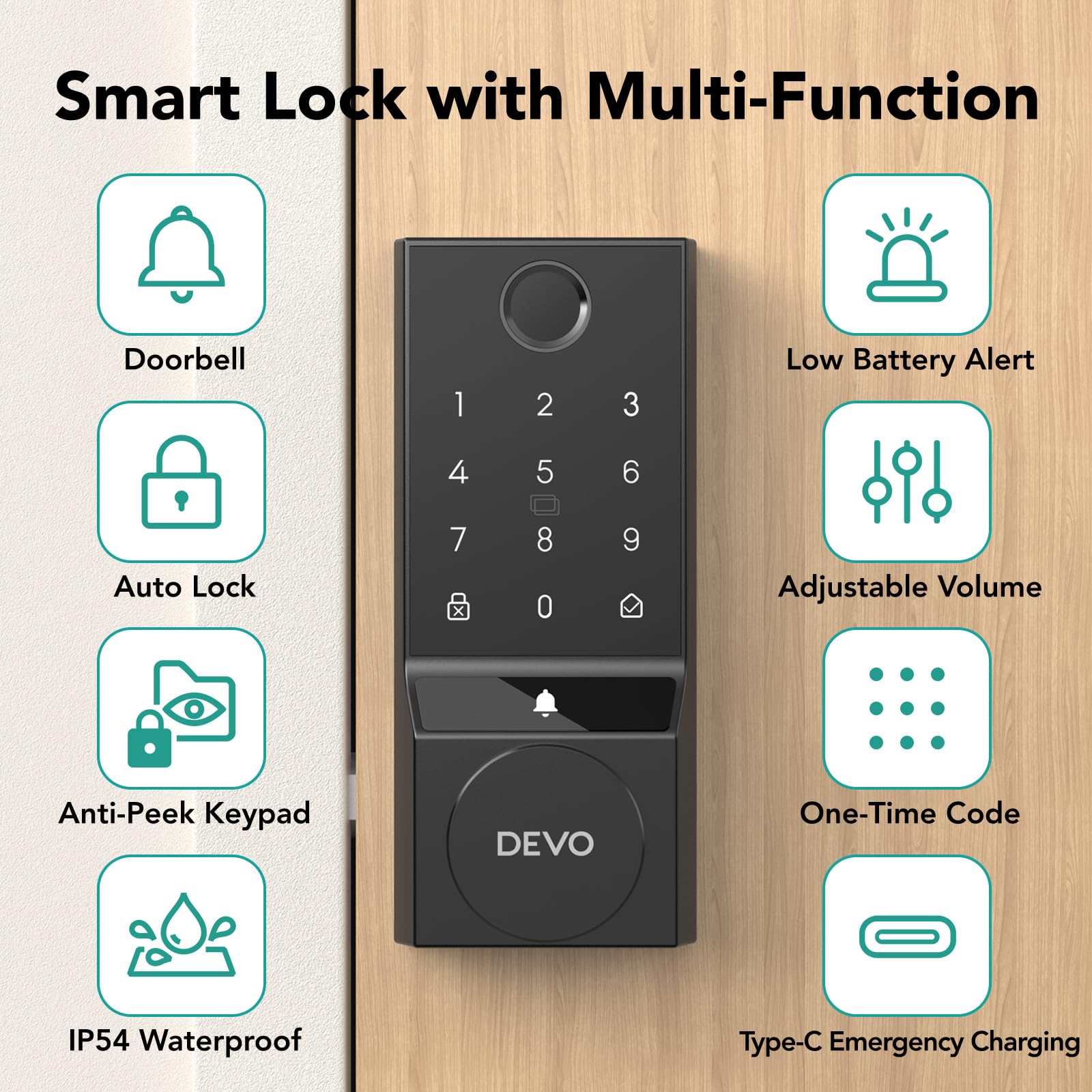 Devo G3 Door Lock For Front Door, 6 In 1 Fingerprint Keyless Entry Door Lock, Built-In Wi-Fi Smart Lock Deadbolt With App Remote Control, Easy Install No Hub, Ip54 Waterproof, Auto-Lock