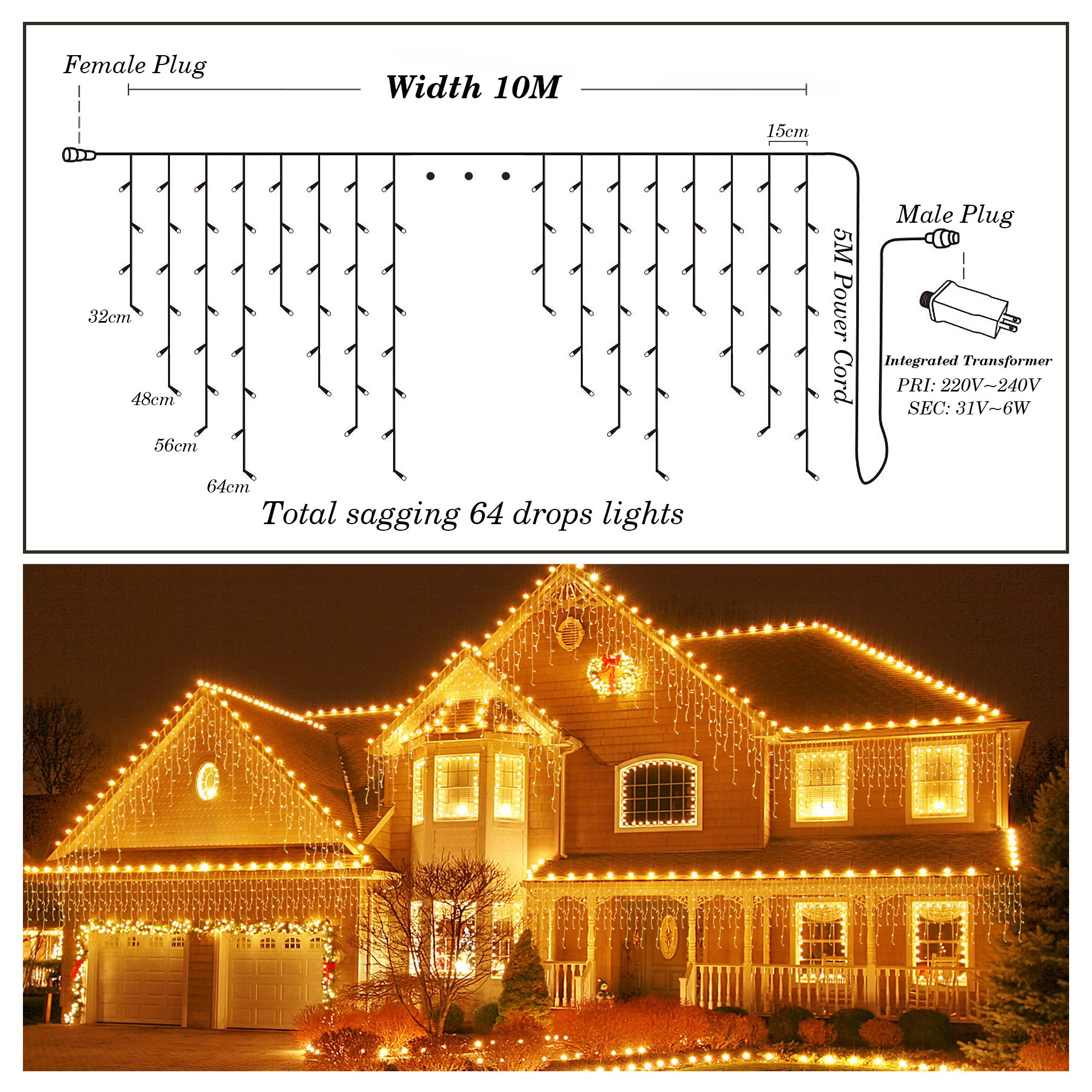 Ghope Christmas Icicle Lights Outdoor, 400 Led 32.8Ft 8 Modes Timer Ip44 Waterproof Fairy String Light With 64 Drops, Christmas Lights For Christmas Decorations,Holiday, Party, Wedding, Eaves