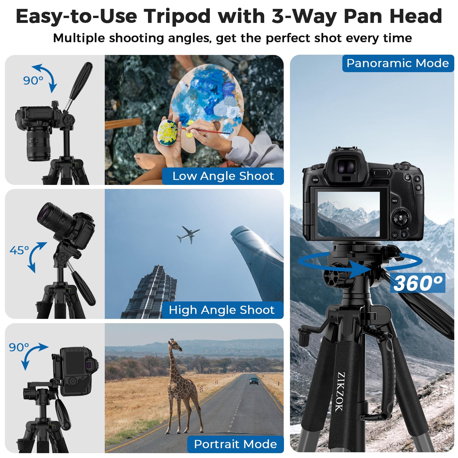 Zikzok 75" Camera Tripod, Heavy Duty Aluminum Camera Stand For Ipad Phone, Travel Tripod With Remote/Carry Bag/Phone Tablet Holder, Compatible With Dslr, Spotting Scopes, Max Load 15 Lb(Grey)